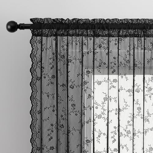 Sheer Lace Curtains 96 Inches Long, 52″W x 96″L (Pack of 2) Black-branch