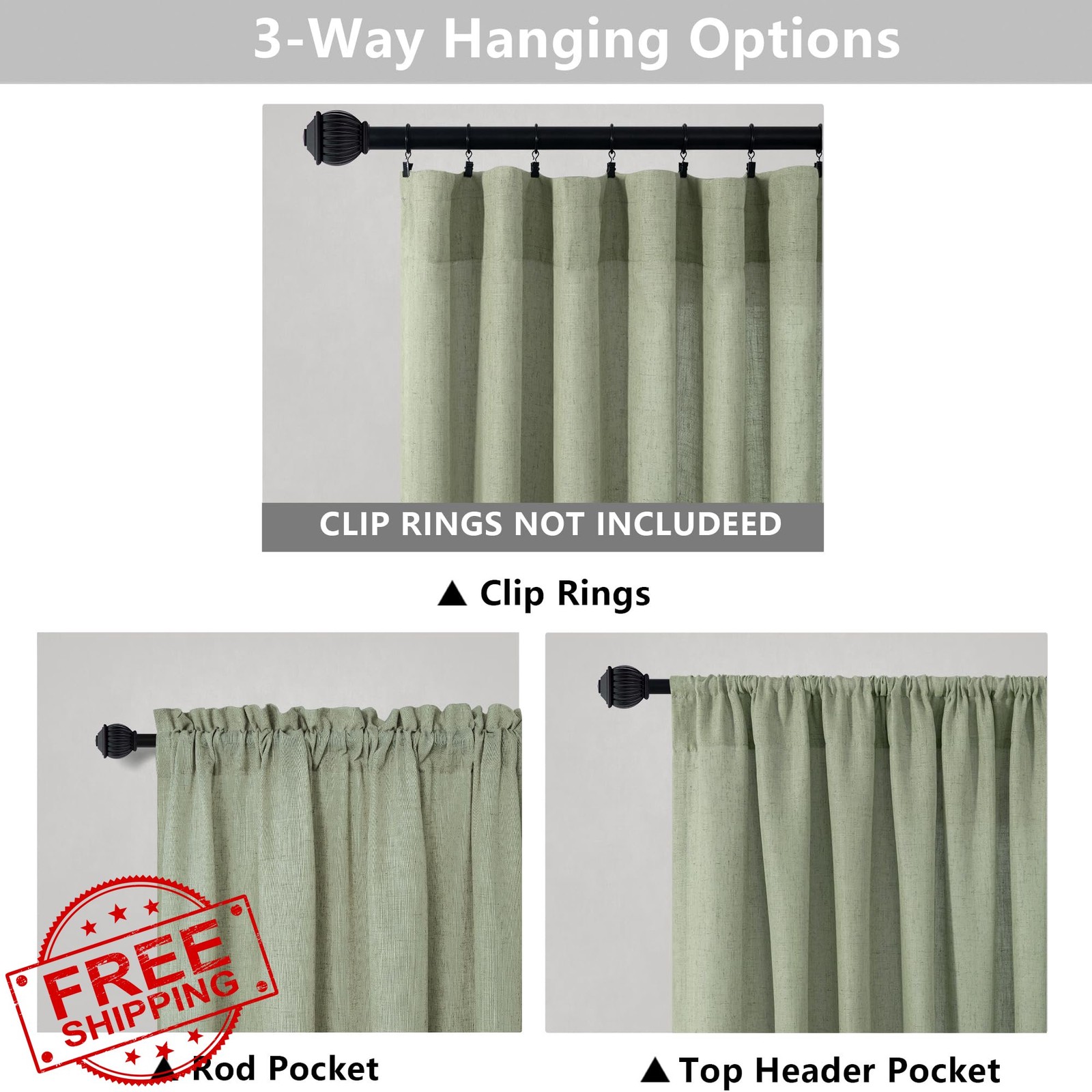 Mrs.Naturall Sage Green Curtains 96 Inches Long 2 Panel Set, Organic Linen Mo…