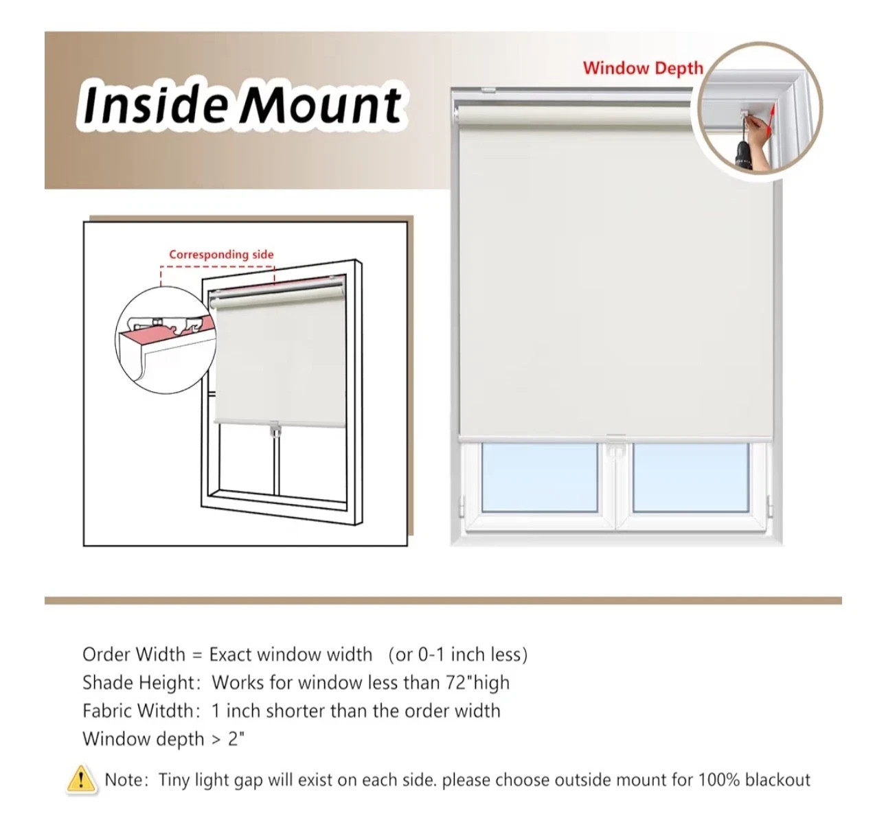 AOSKY Cordless Roller Shades Blackout Blinds – Ivory – 36”W x 72”H