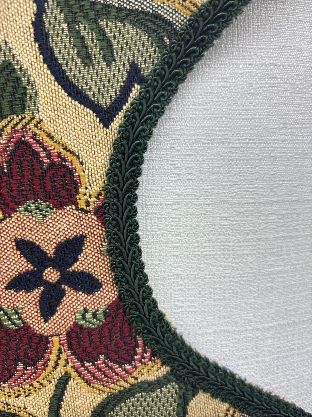 Custom Hand Made Tapered Window Valance 48”x13.5” L Jacobean Floral Green Braid