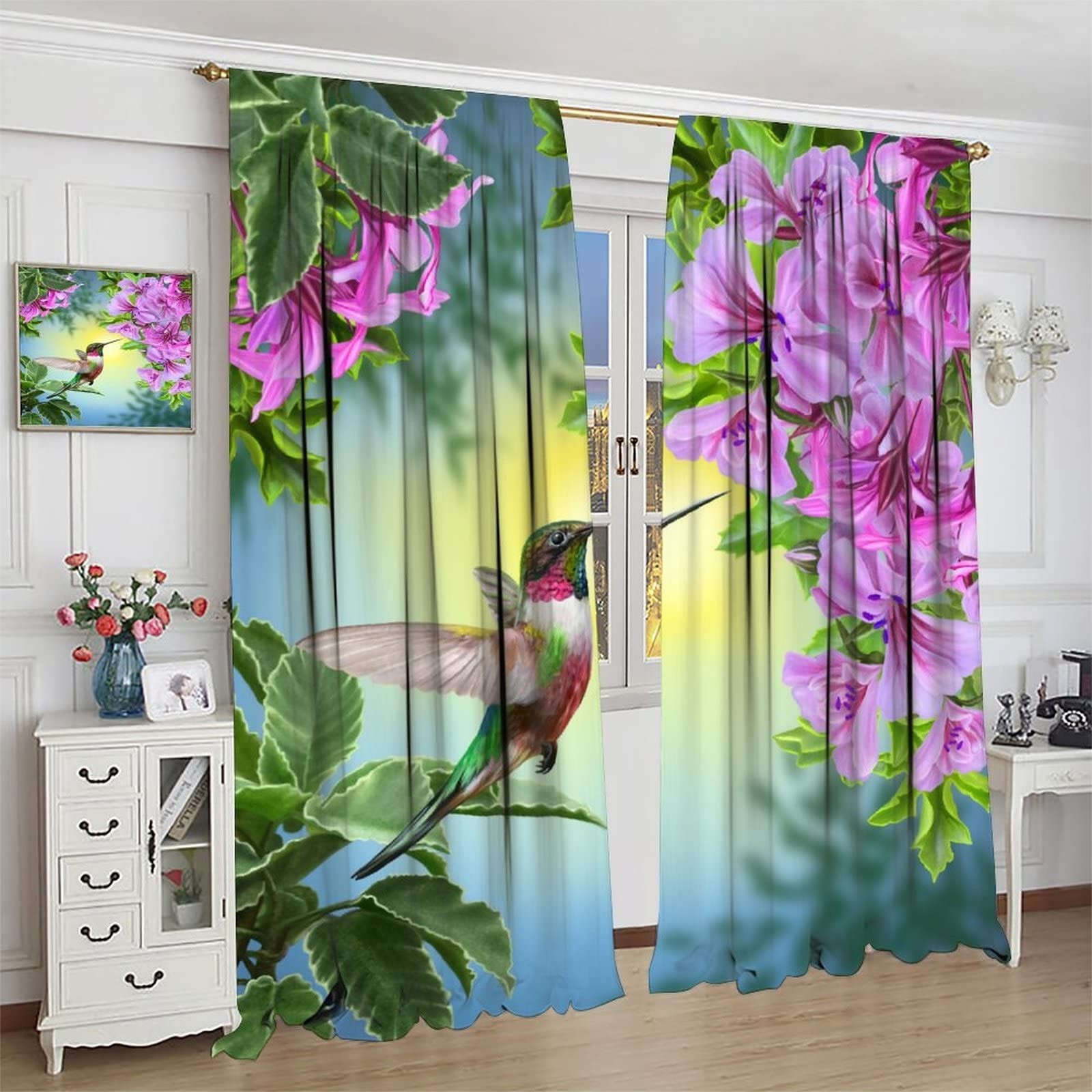 Hummingbird Blackout Curtains, Beautiful Purple Floral Hummingbird Nature The…