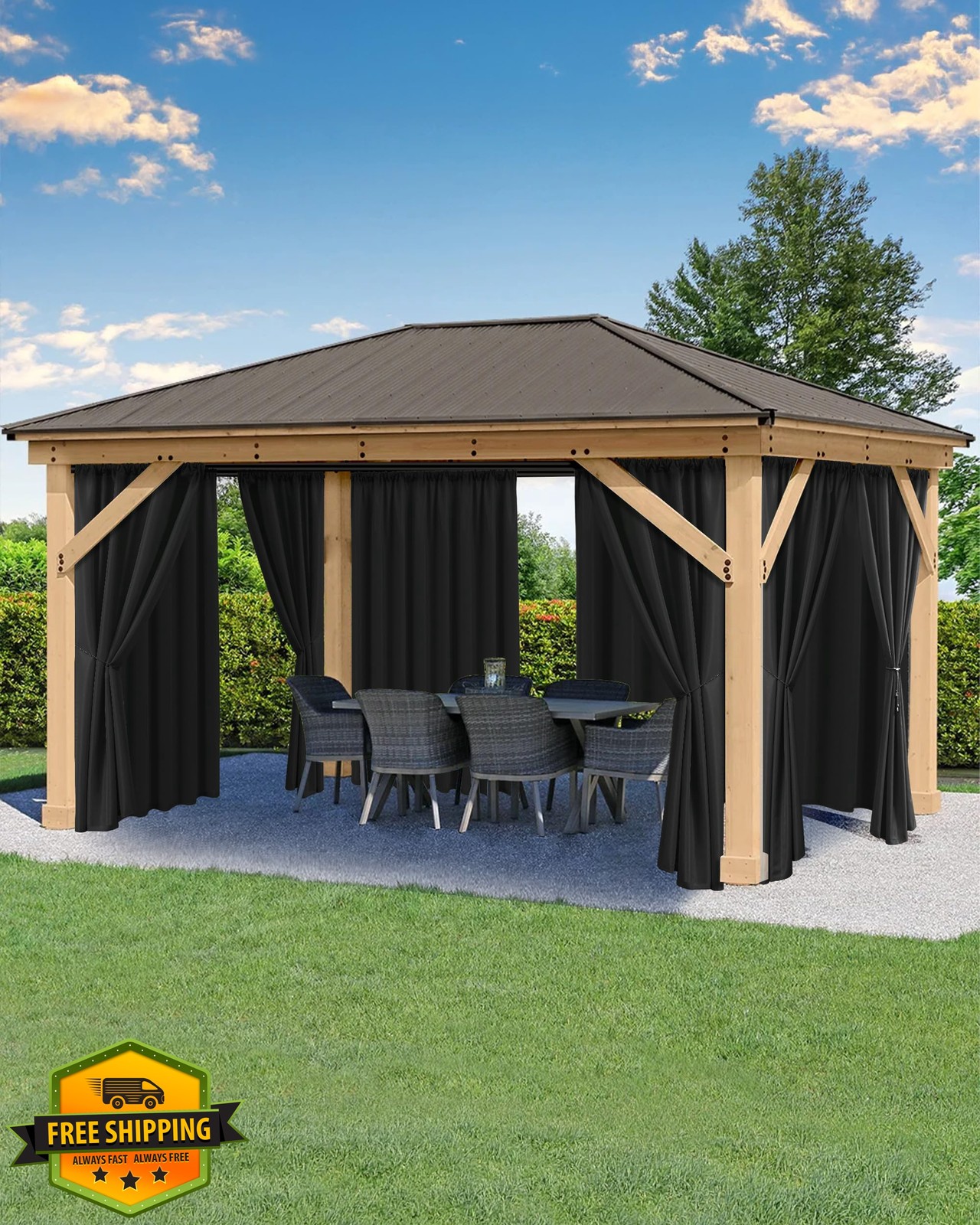 HolidayIdeas Patio Curtains Black Rod Pocket 6 Pcs