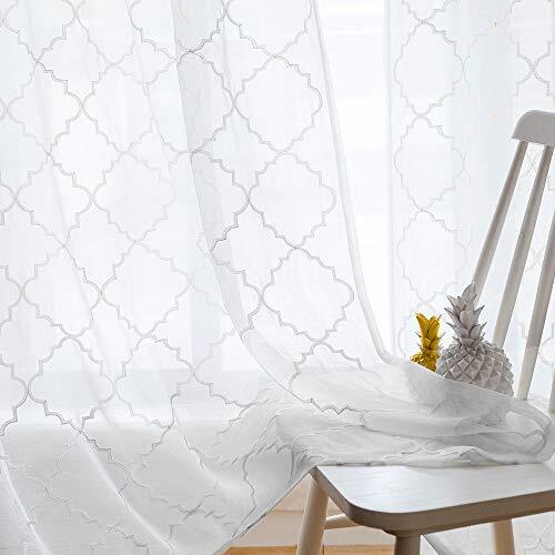 Embroidered Moroccan Tile Lattice Design Sheer Curtains 52″Wx45″L Trellis White