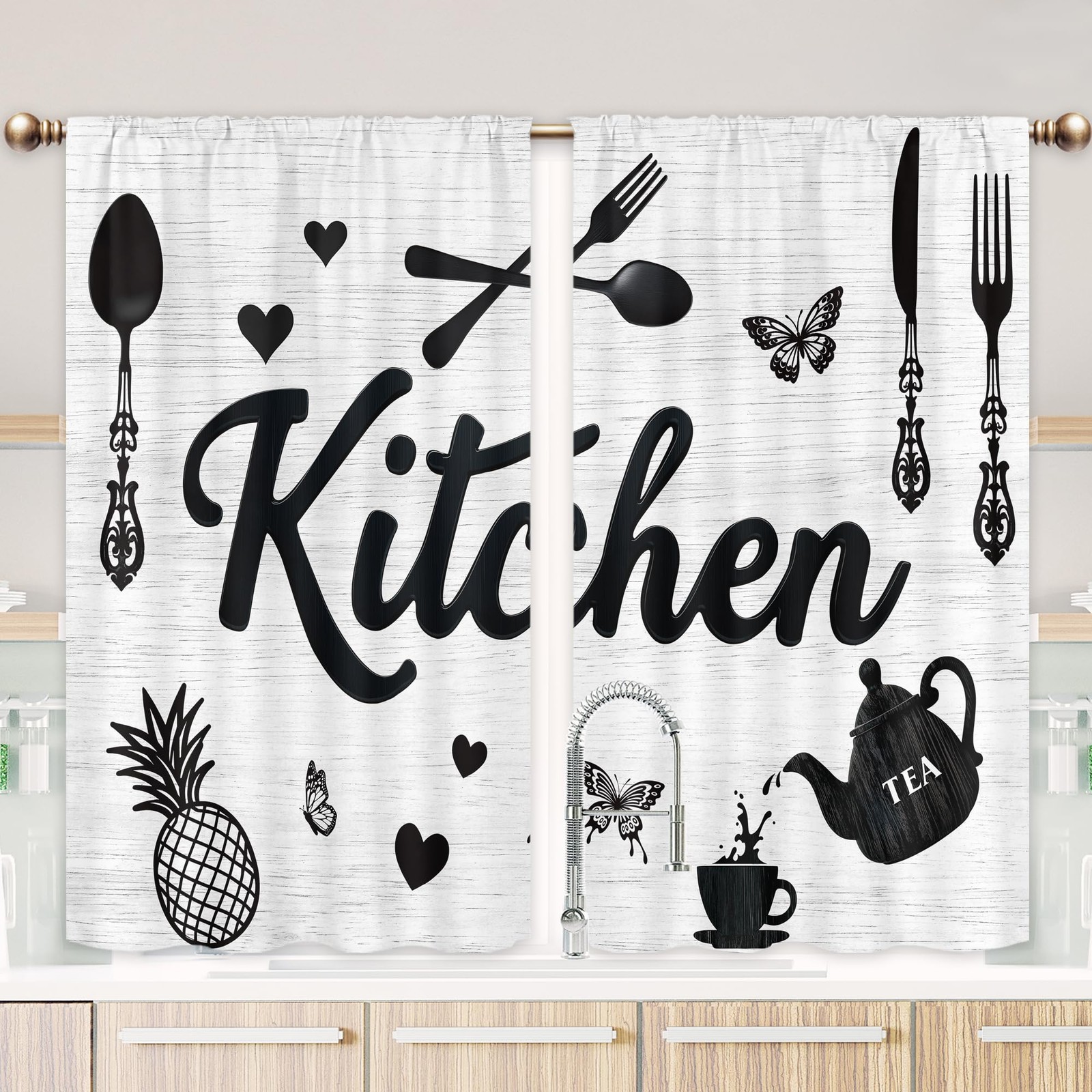 Black and White Kitchen Curtains for Bedroom 27.5Wx39H Inch Rod Pocket Farmho…