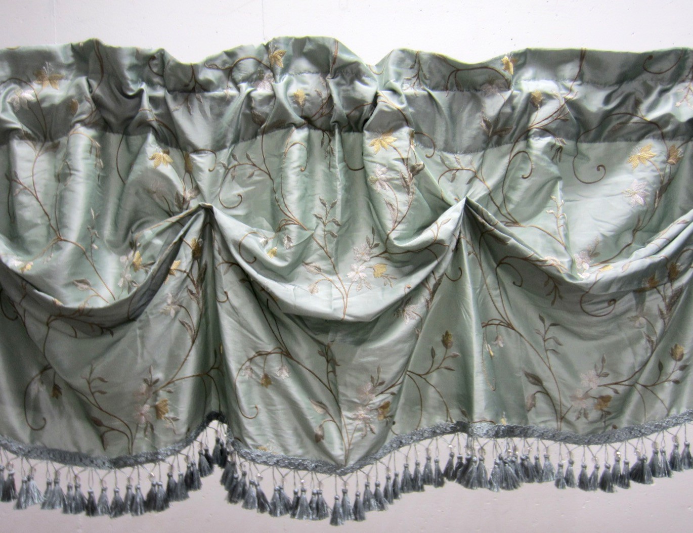 Single Poly SILK Pale Teal Embroidered Austrian Gathered Tassels Valance 56″W