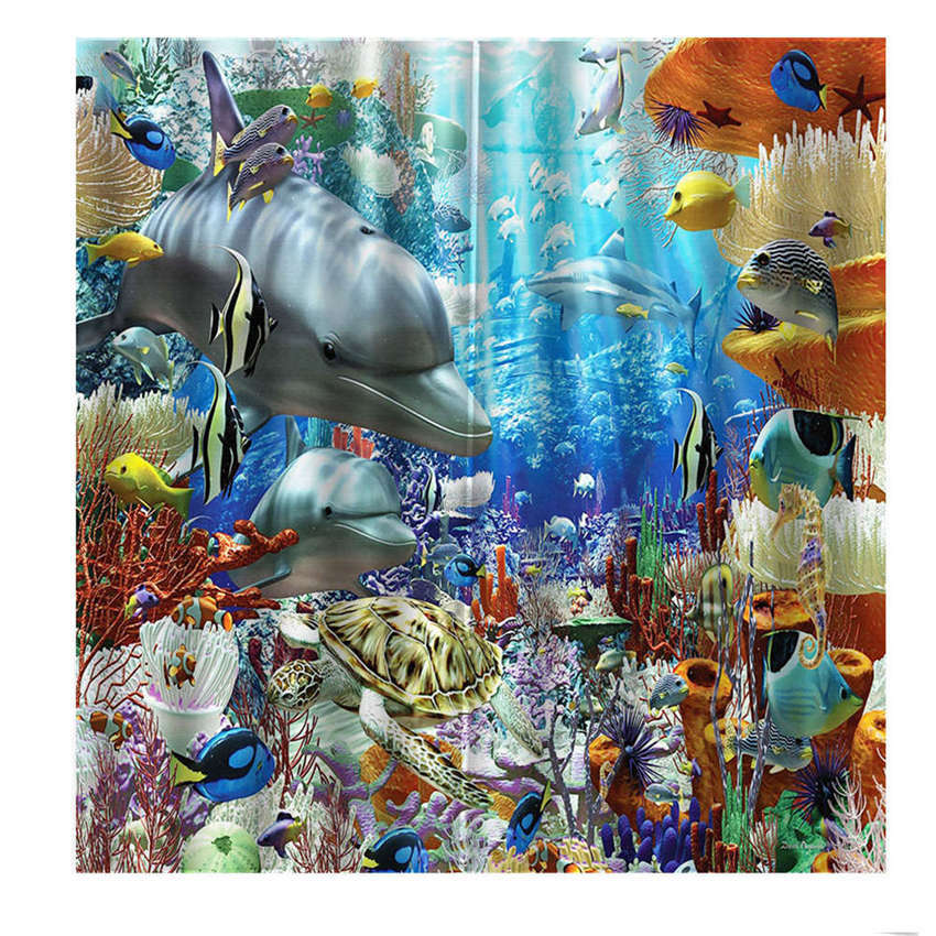 Bubble Blue Fish Orange Coral Printing 3D Blockout Curtains Fabric Window