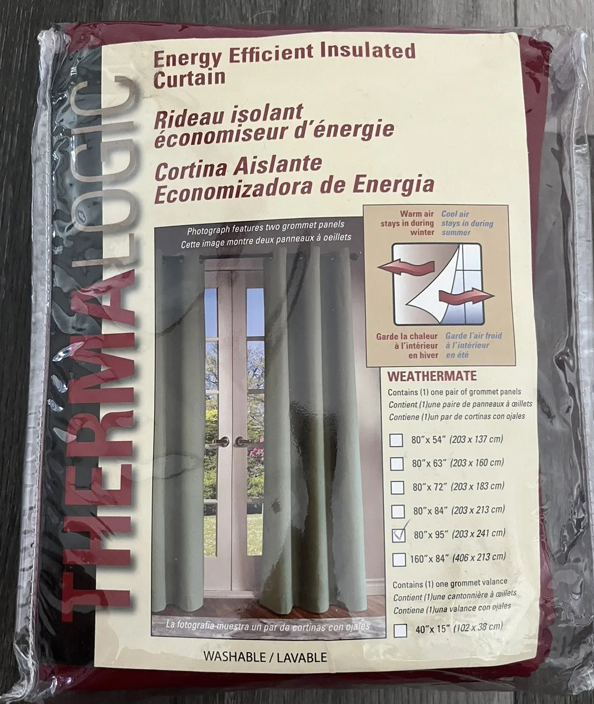 Thermalogic Energy Efficient Insulated Solid Grommet-Top Curtain Pair-Red 80×95″