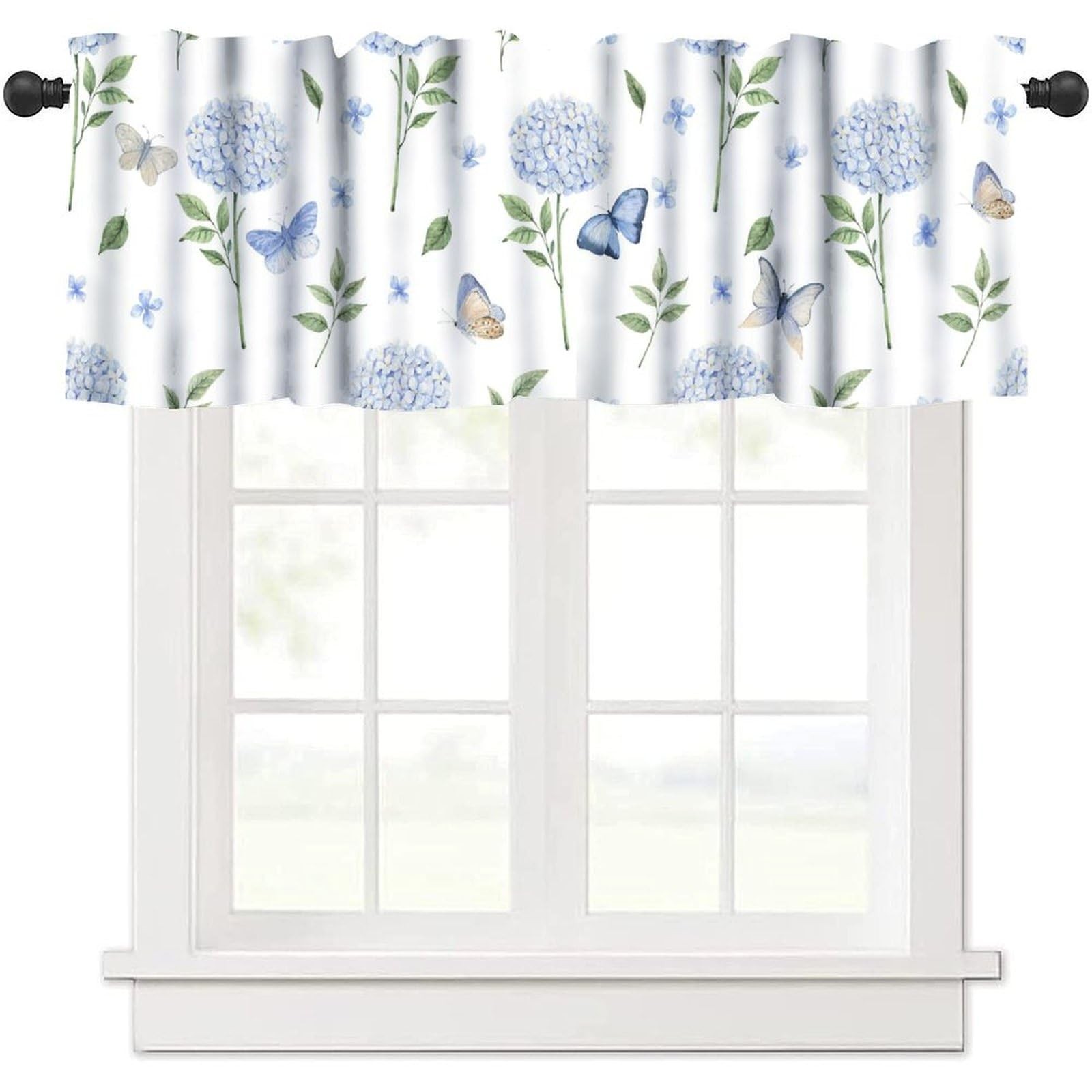 Blue Hydrangea Valance Curtains, Spring Summer Flower Butterfly Rod Pocket Sm…