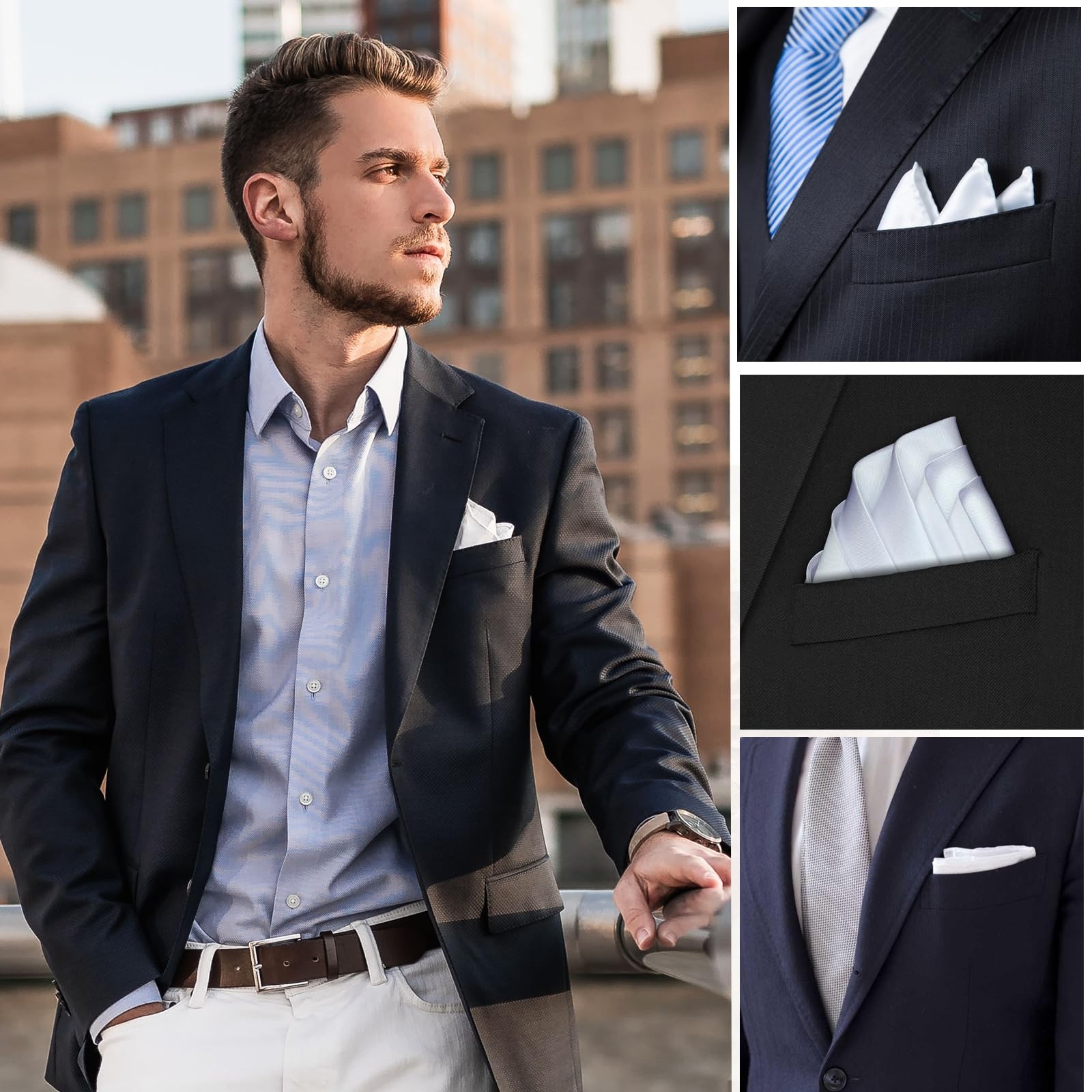 2Pcs Men’s Handkerchiefs Selected Soft Solid 6.69 × 1.2 × 0.4 inches, White