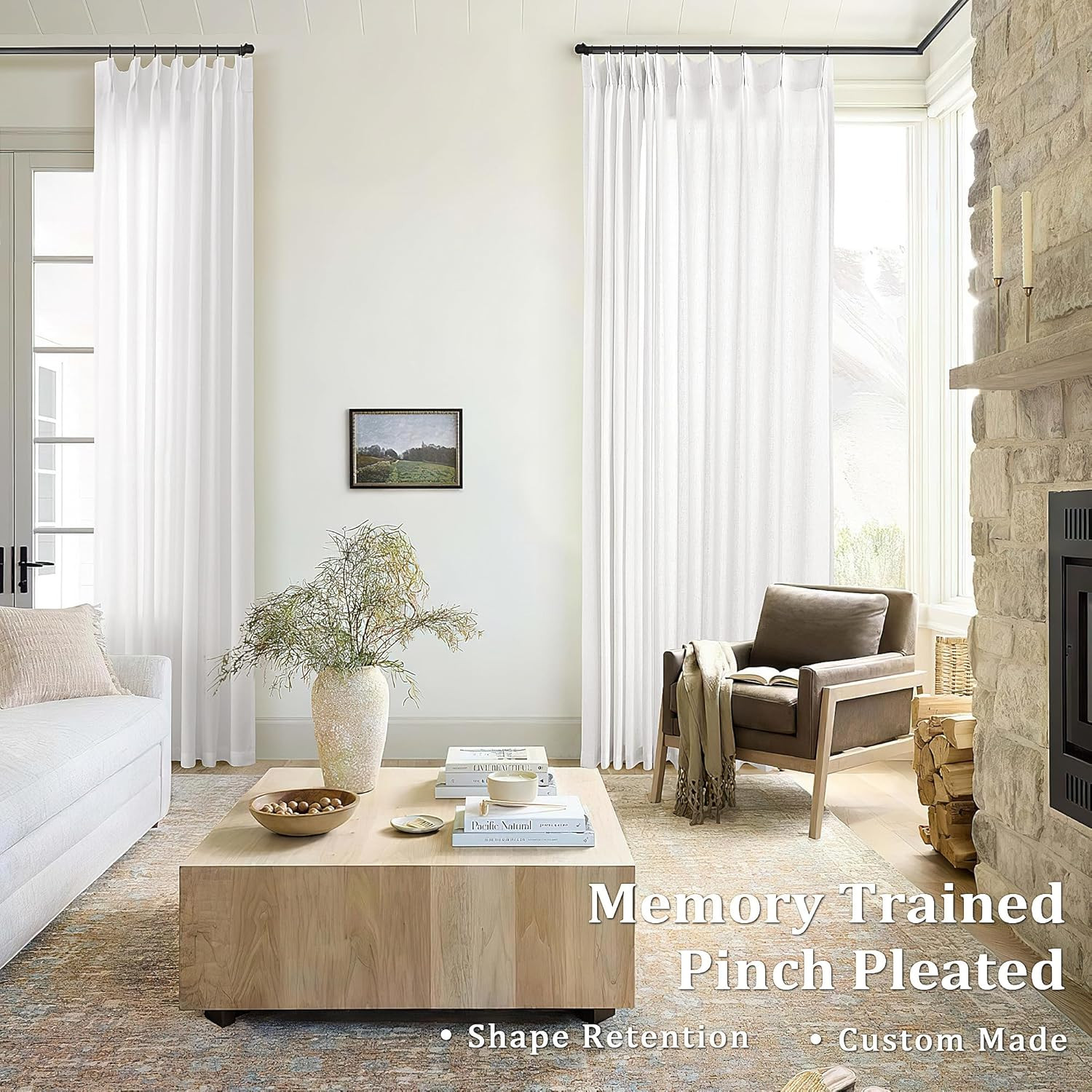 120″ Ivory Linen Curtains – Pinch Pleated Drape for Tall Windows