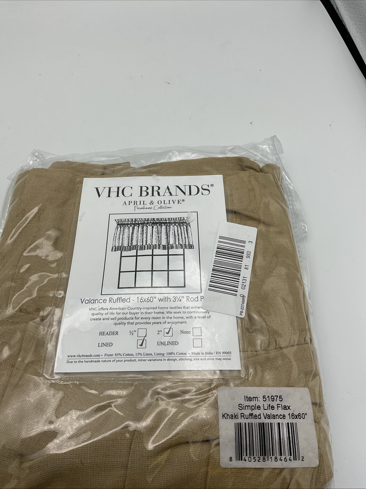 VHC Brands Simple Life Ruffled Rod Pocket Tailored Valance Khaki 16×60 In