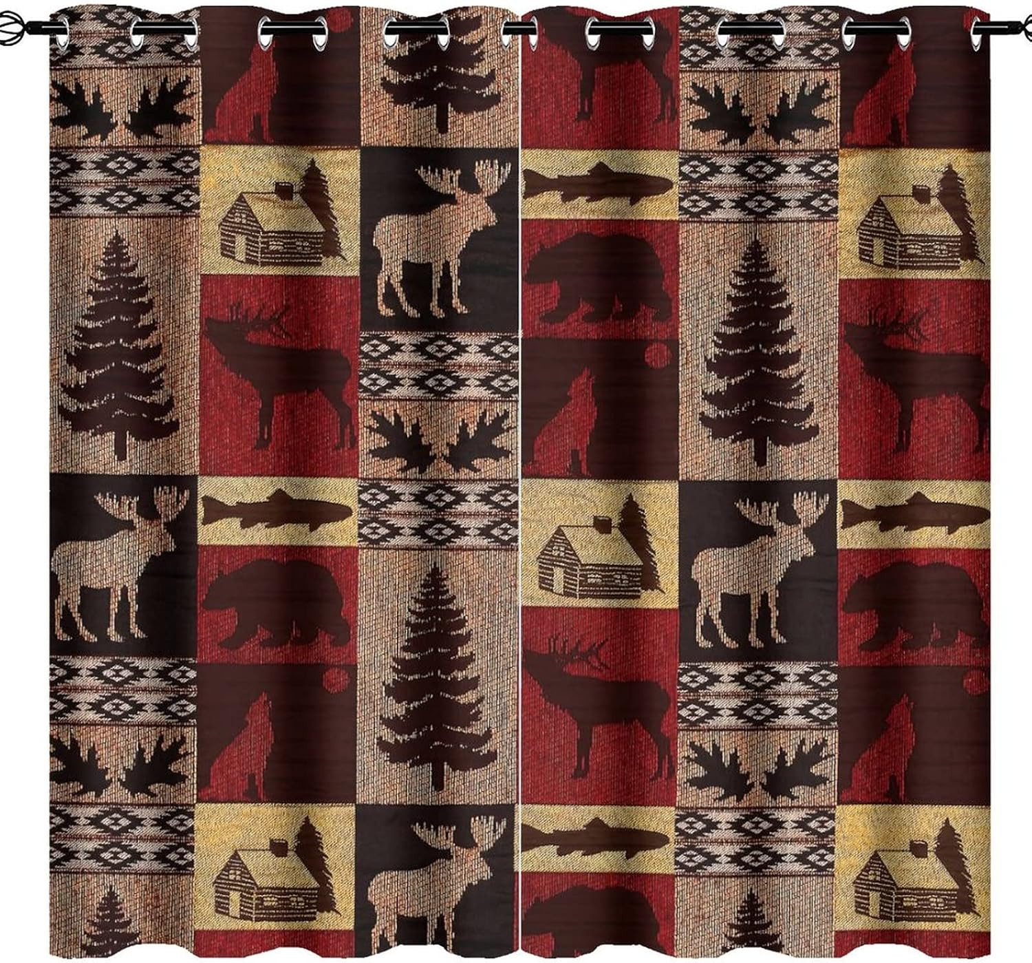 Rustic Cabin Blackout Curtains, Moose Bear Elk Plaid, 2 Panels 84×42