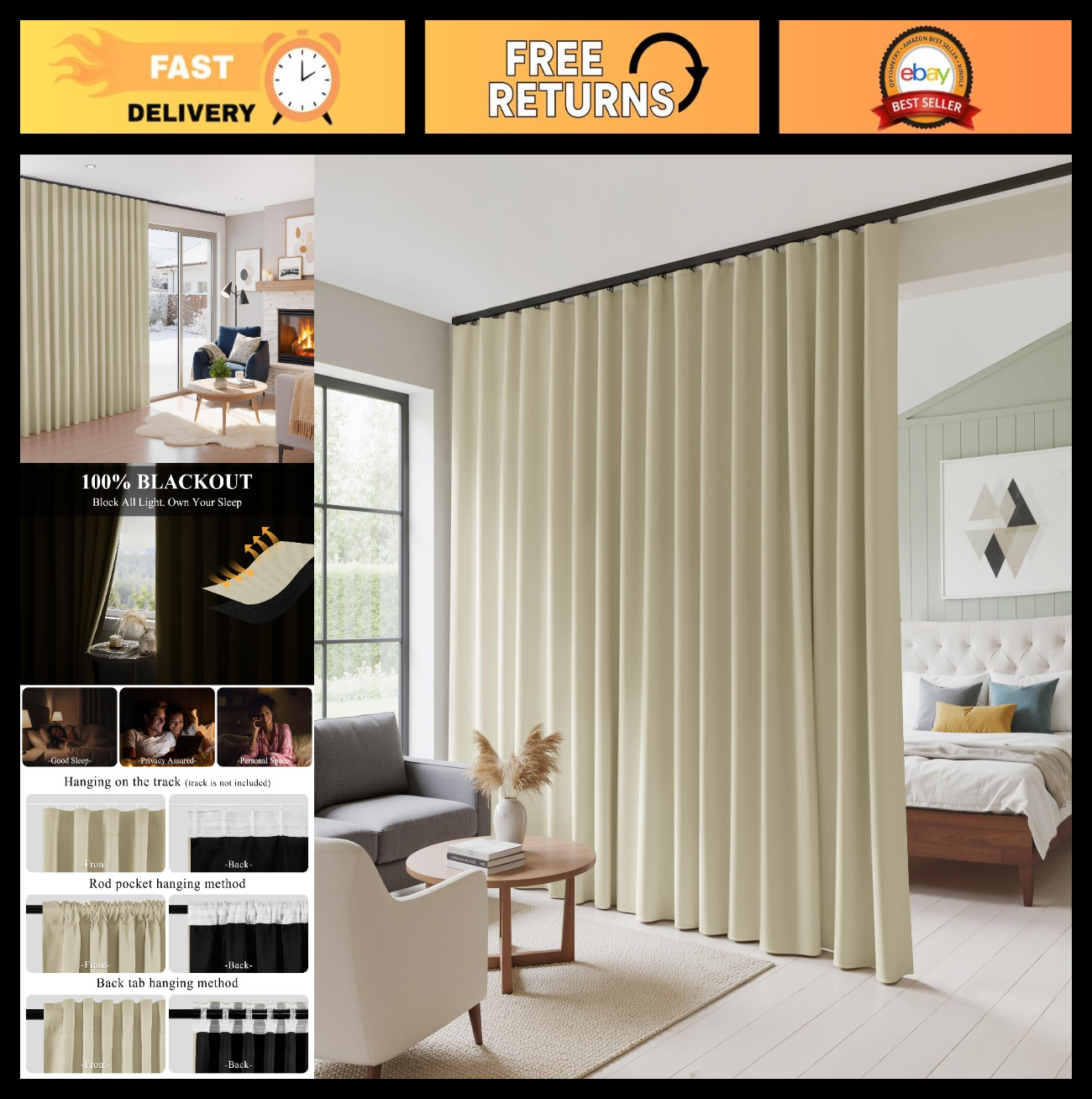 100% Blackout Curtain for Sliding Glass Doors & Windows, Thermal Insulated Drape