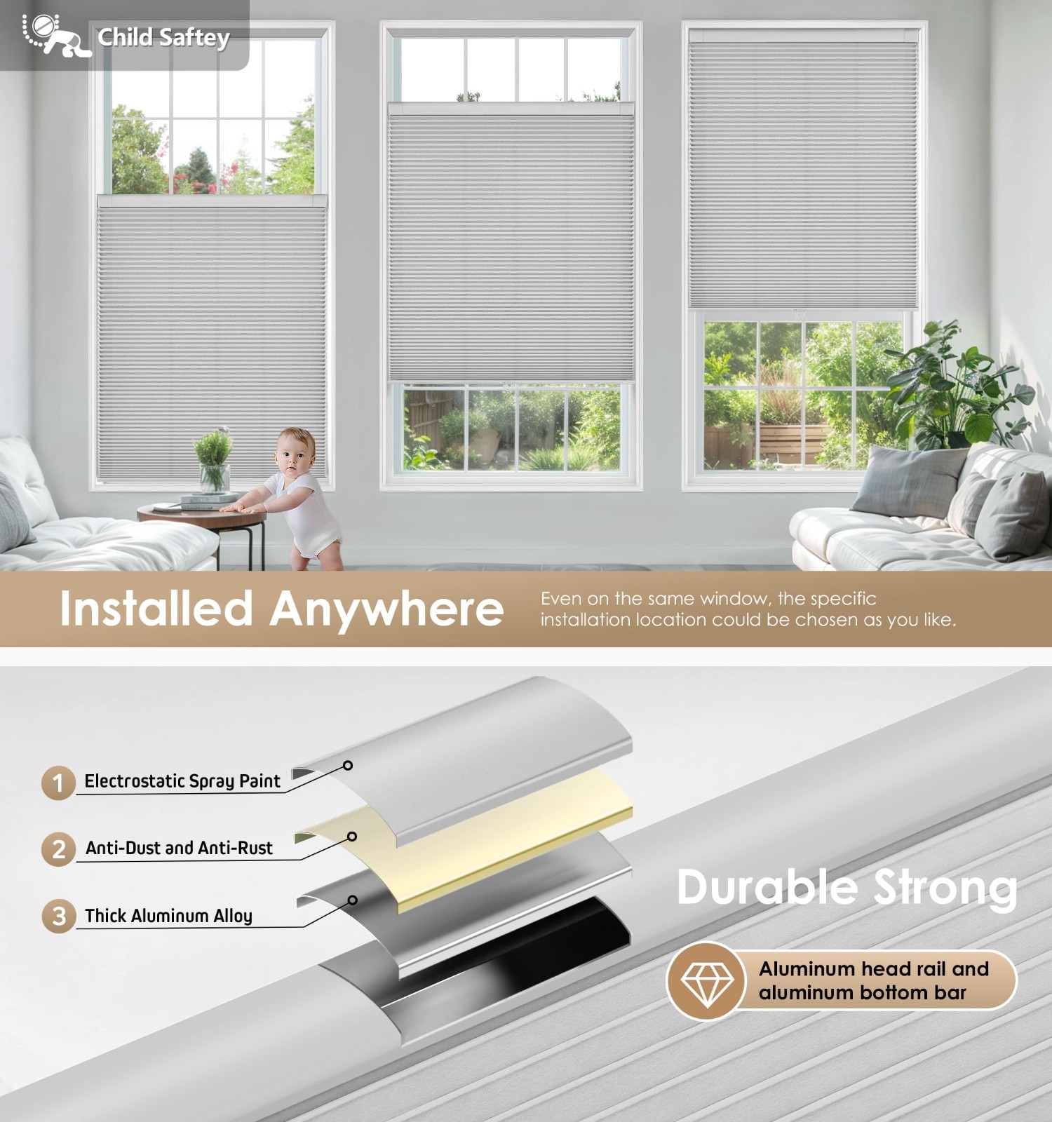 LazBlinds No Drill Cordless Cellular Shades 23×64 Grey Light Filtering Blind