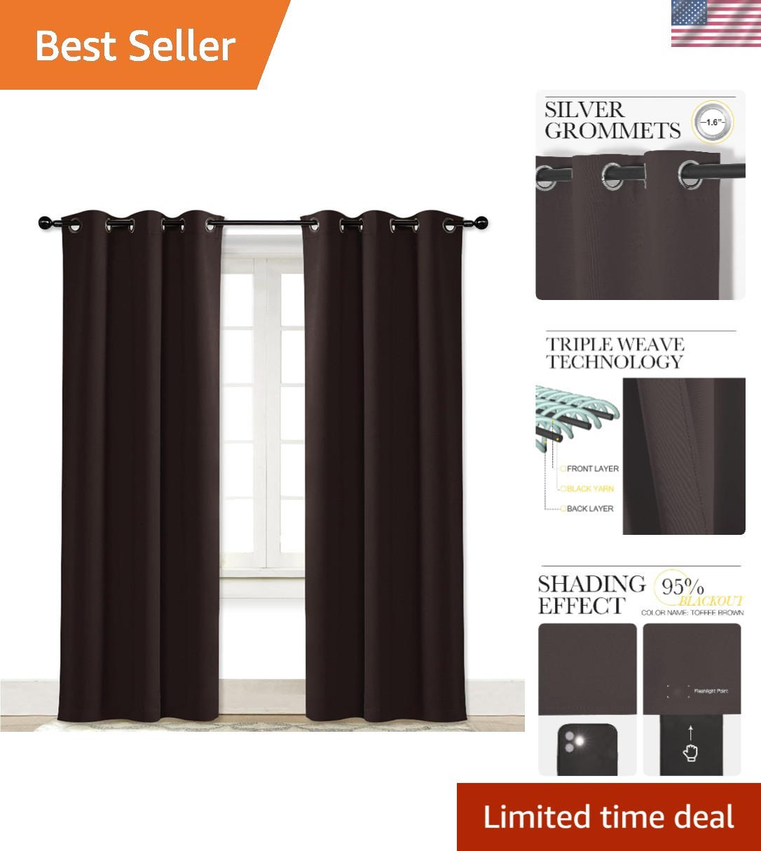 Elegant Toffee Brown Blackout Curtain Panel 34×84 with Noise Reducing Grommets