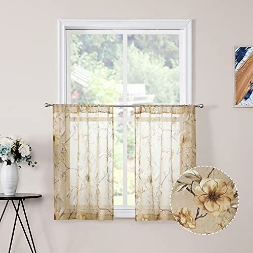 Short Sheer Tier Curtain Flower Leaf Printed Floral 30″W x 24″L Beige