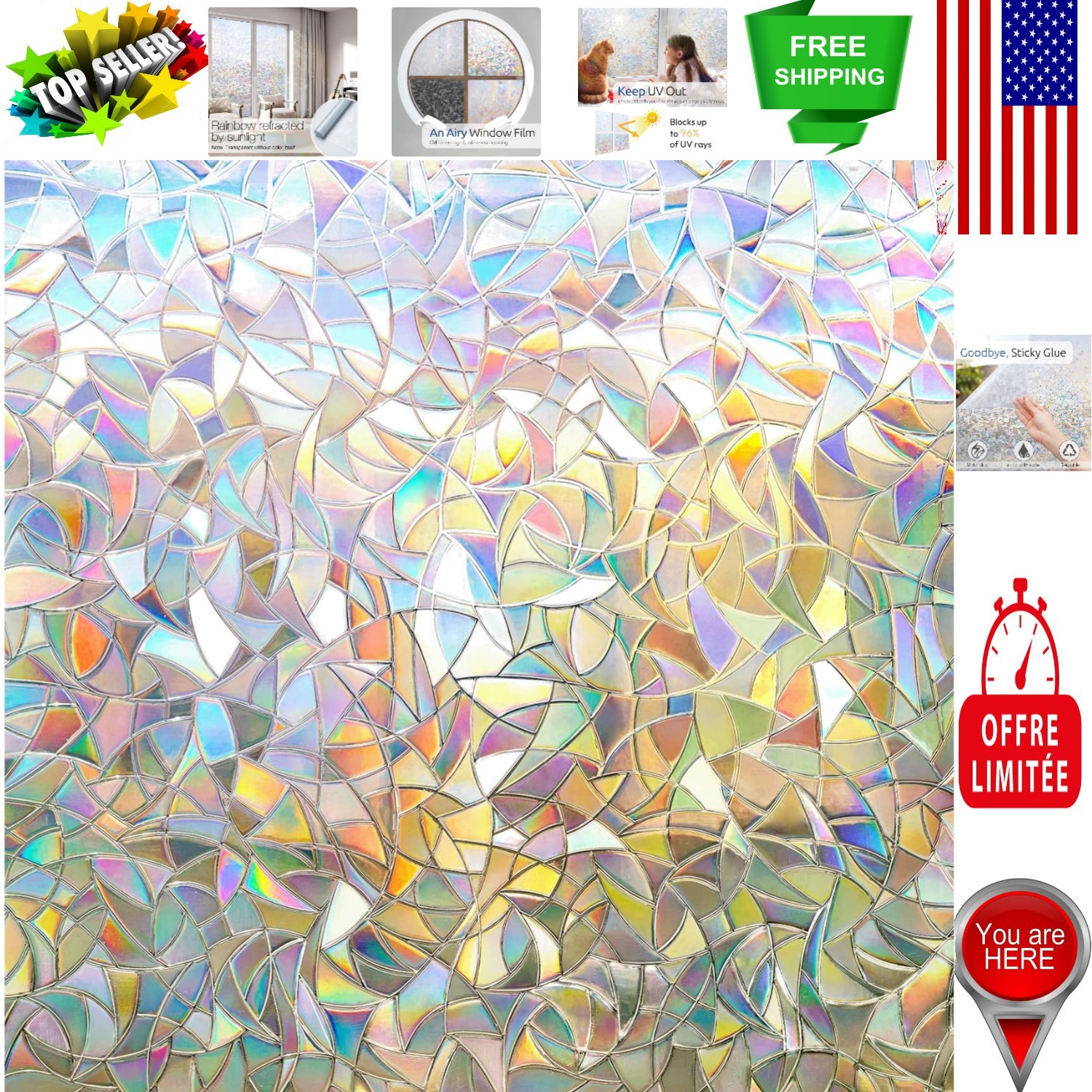 No-Glue Decorative Window Film – 17.5 x 78.7in Rainbow Pattern Static Cling Tint
