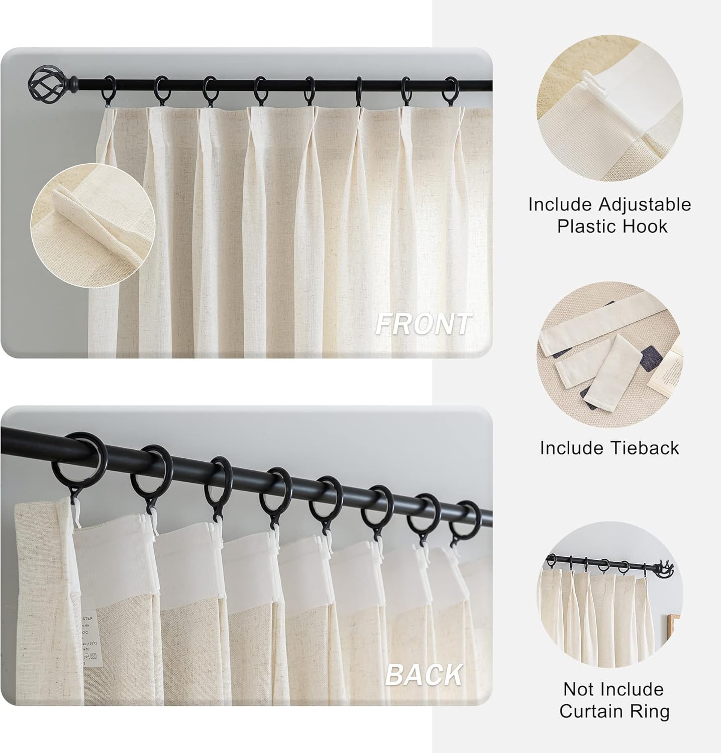 Extra Wide Faux Linen Light Filtering Curtains, 100″ W x 84″ L, 1 Panel