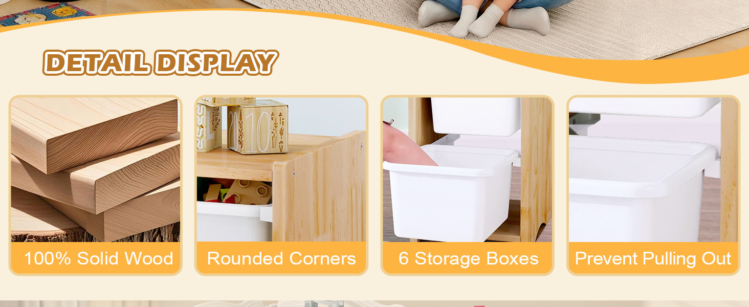 Montessori Shelf for Kids – 100% Solid Pine Wood with 6 Removable Plastic Bins,