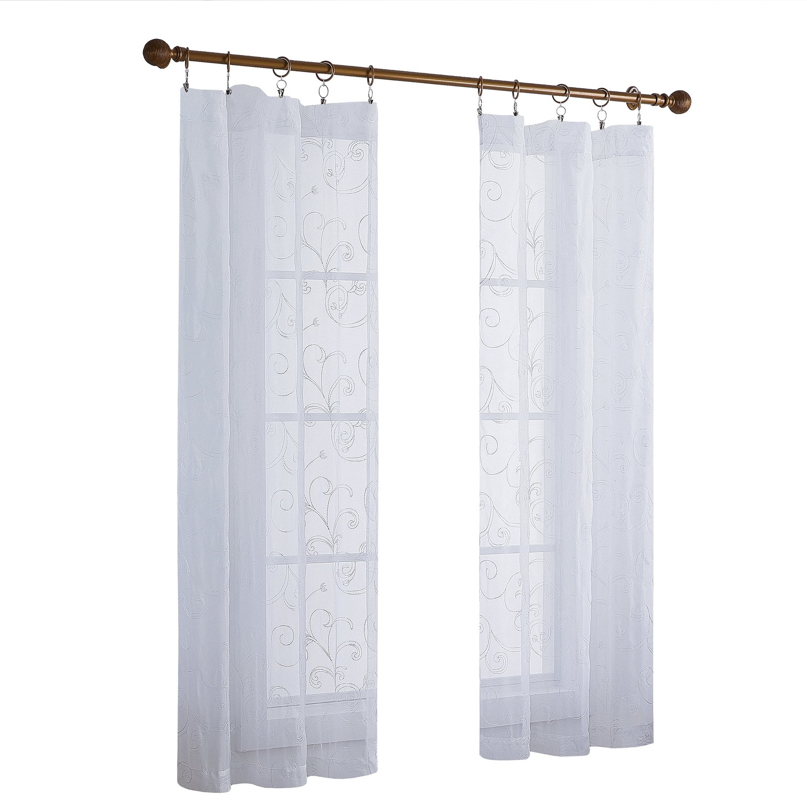 Scroll Rod Pocket Sheer Curtain Panel, 1-Piece, White/Grey, 38″ W x 63″ L