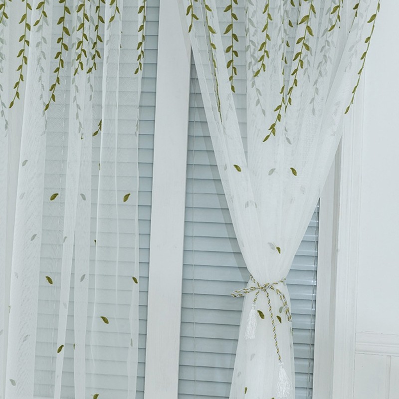Pastoral Green Willow Leaf Embroidery Sheer Window Curtain Wicker Tulle Drapes