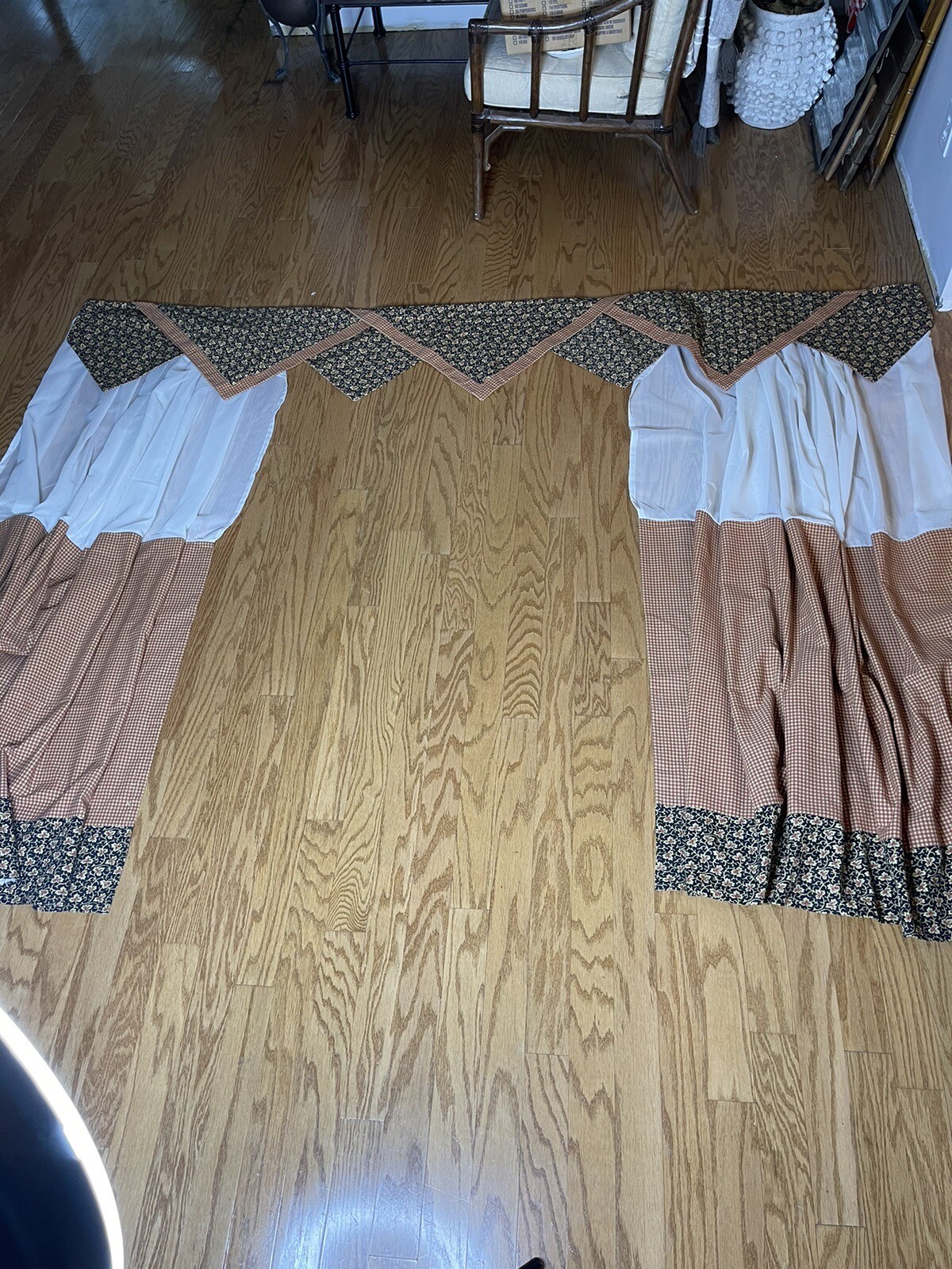 Vtg Custom Valance (96″ W) & 2 Panels (73″W) Black Floral Orange Check GORGEOUS!