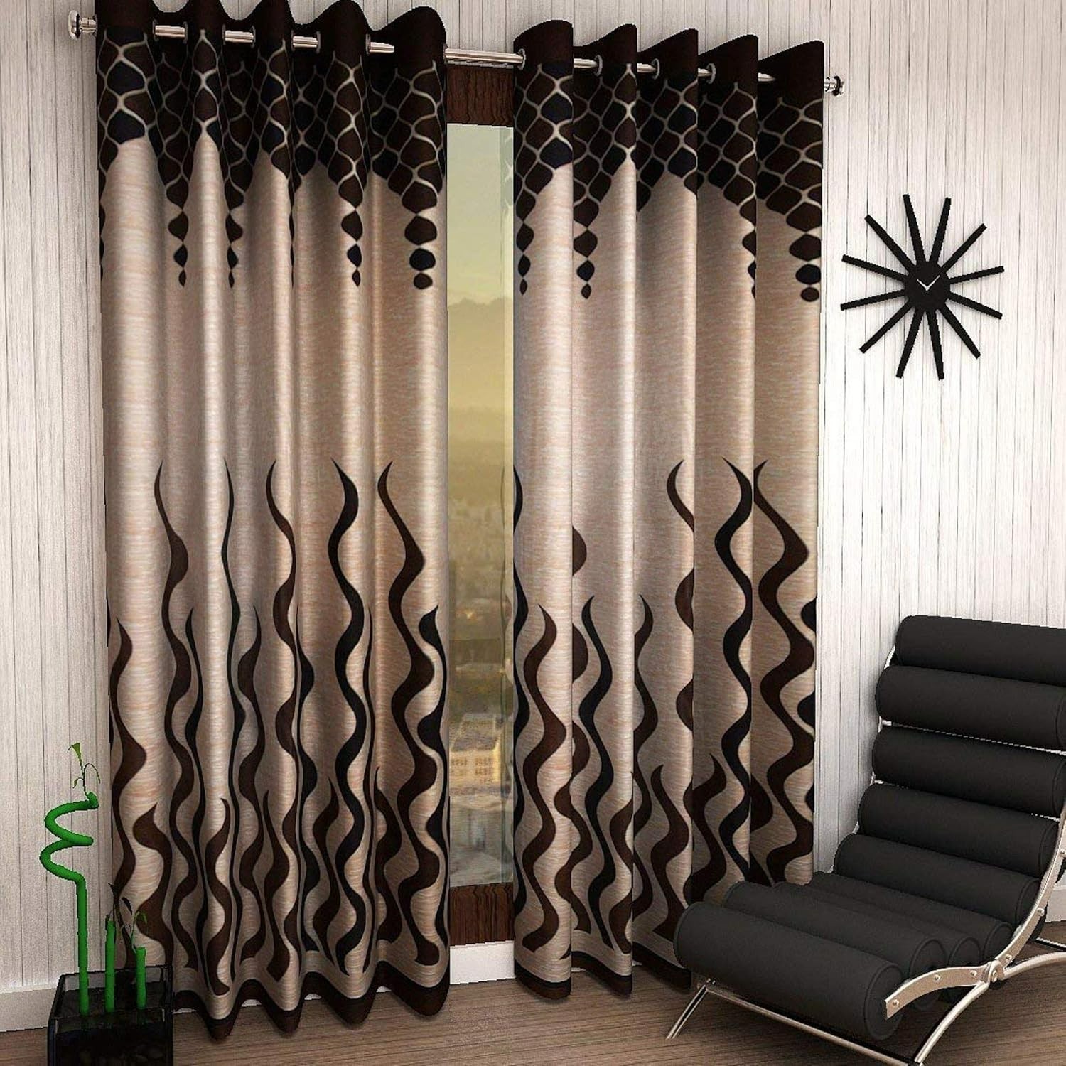 Home Decor Modern Wave Panel Polyester Curtains Windows 5 Feet Brown Pack Of 2