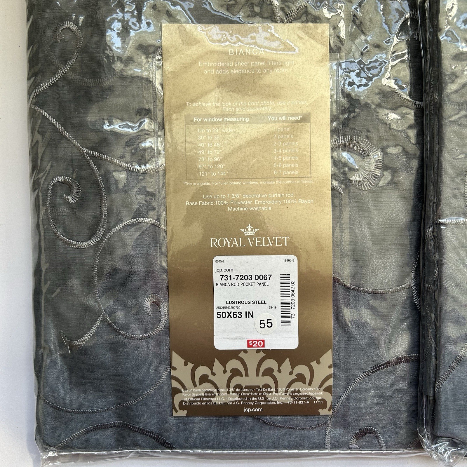 NEW 2 Royal Velvet Bianca Lustrous Steel Sheer Rod Pocket Panel Panels JCP 50×63