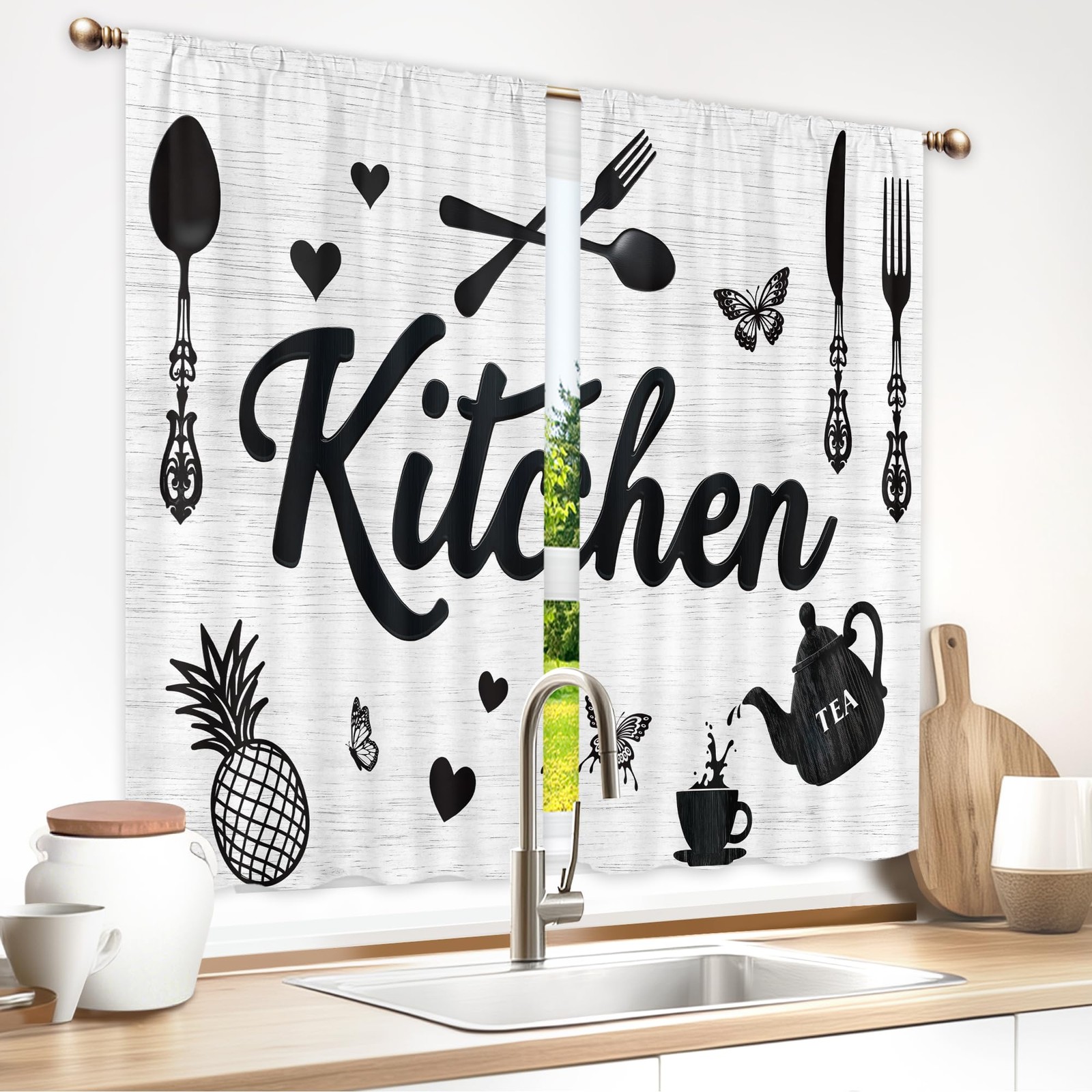 Black and White Kitchen Curtains for Bedroom 27.5Wx39H Inch Rod Pocket Farmho…
