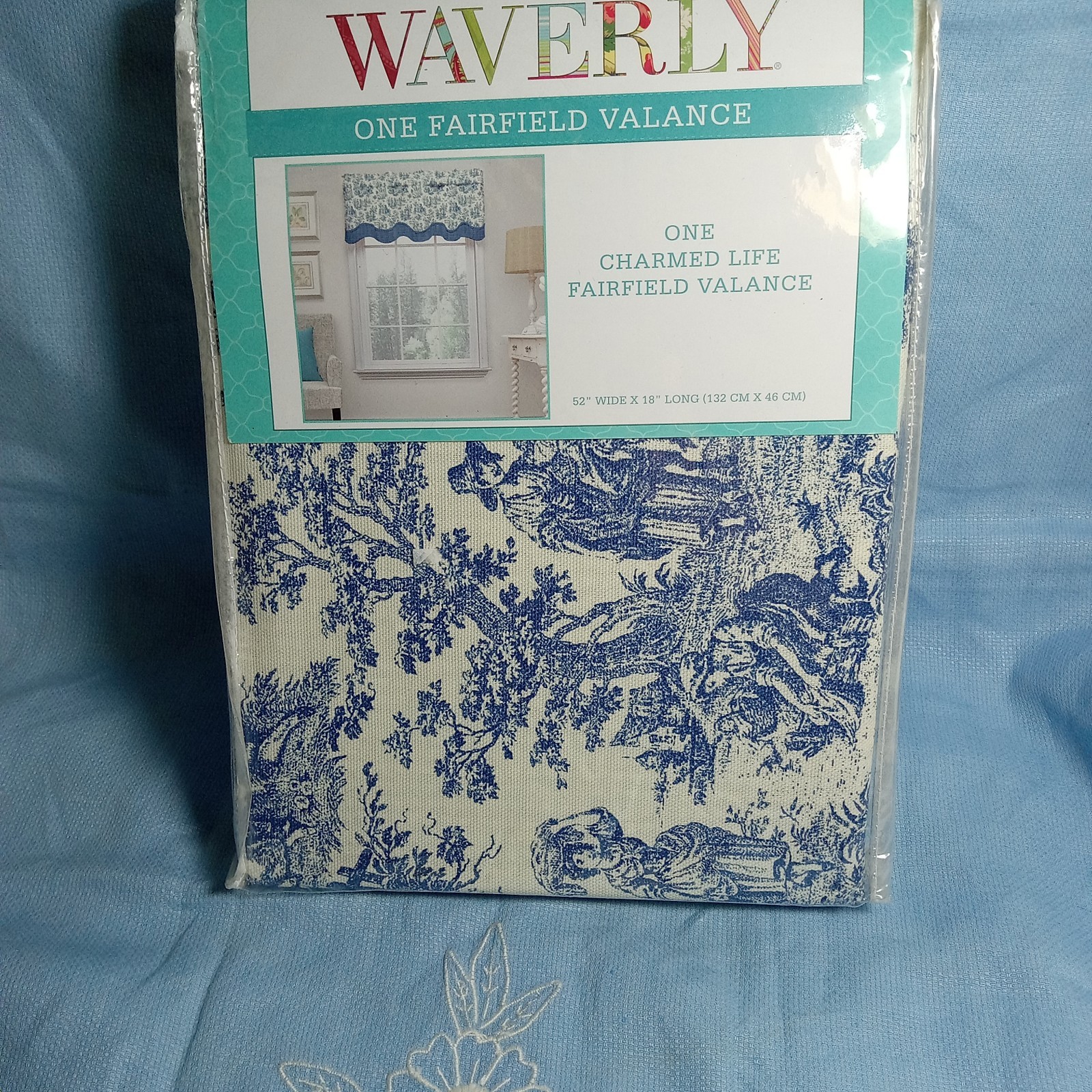 NIP *Waverly* One Charmed Life FAIRFIELD Valance 52″ X 18″ BLUE & WHITE TOILE