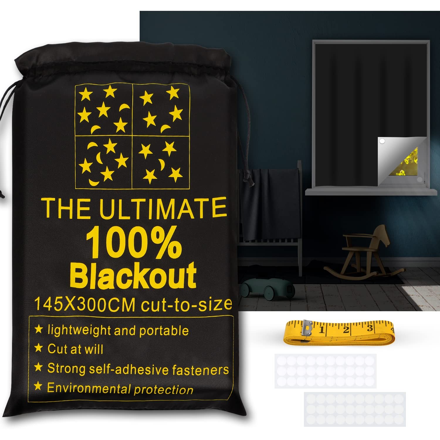BLACK – RUseeN PORTABLE BLACKOUT SHADES (118″ X 57″) 100% BLACKOUT MATERIAL