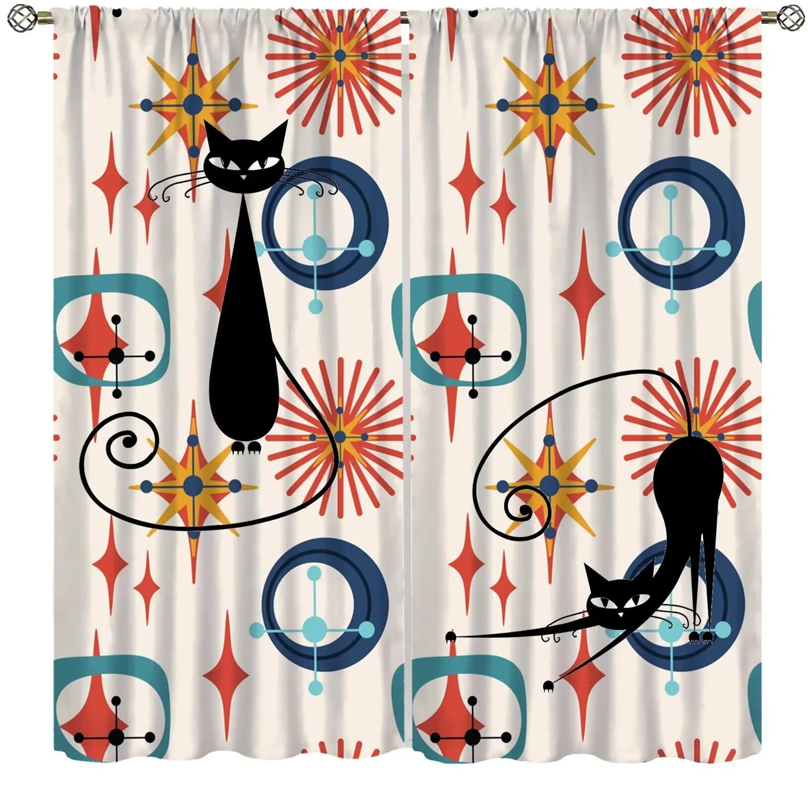 Mid-Century Atomic Star Curtains, Modern Geometric Abstract Art Explosion Vin…