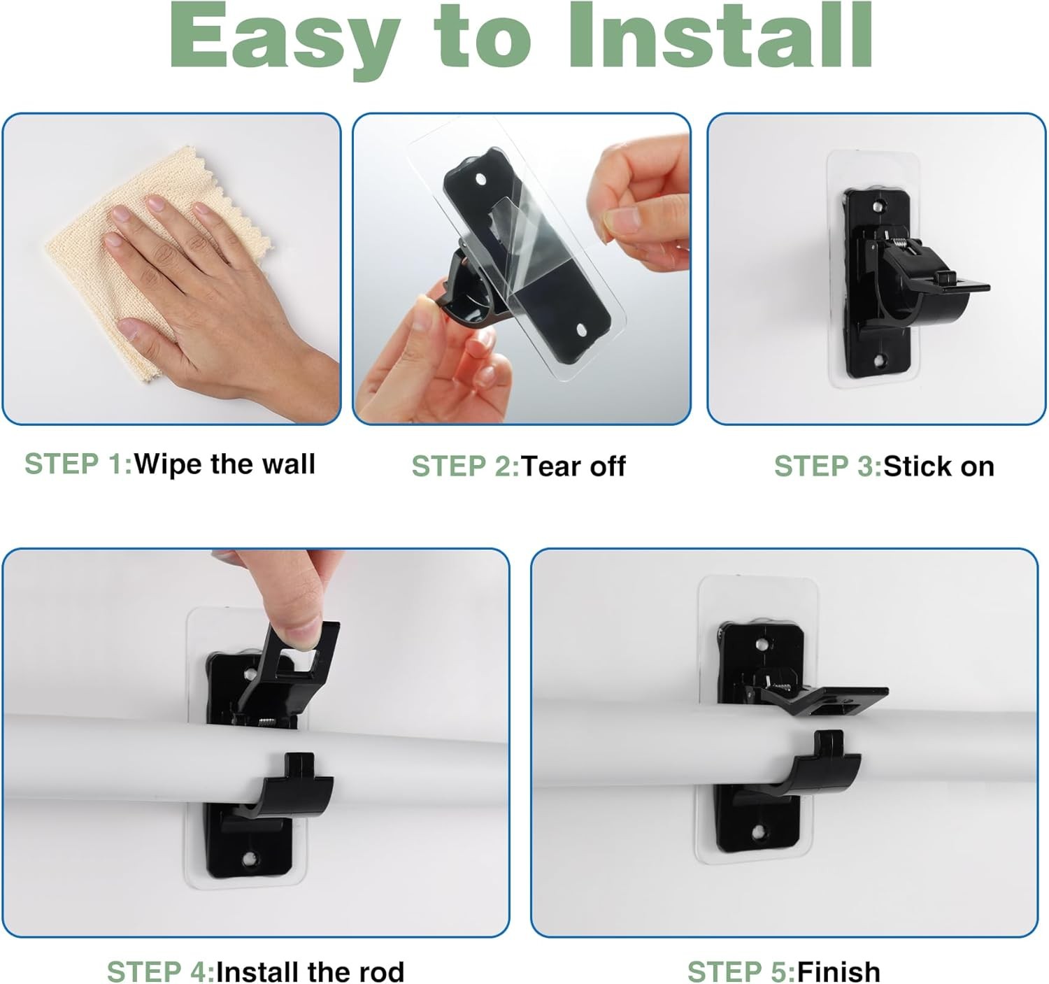 2 Pack Self Adhesive Rod Brackets,No Drill Needed Curtain Rod Holders, Nail Free