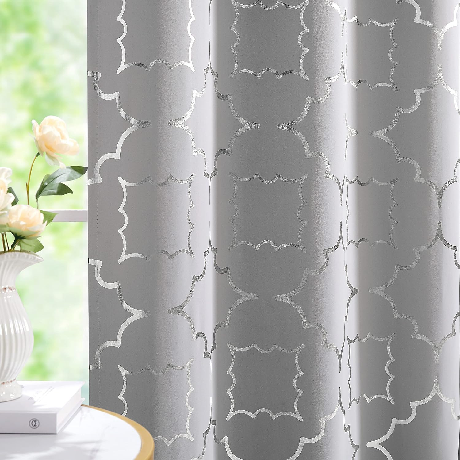Purainbow Grey Blackout Curtain Panels for Bedroom 84″ Silver Foil Moroccan Meta