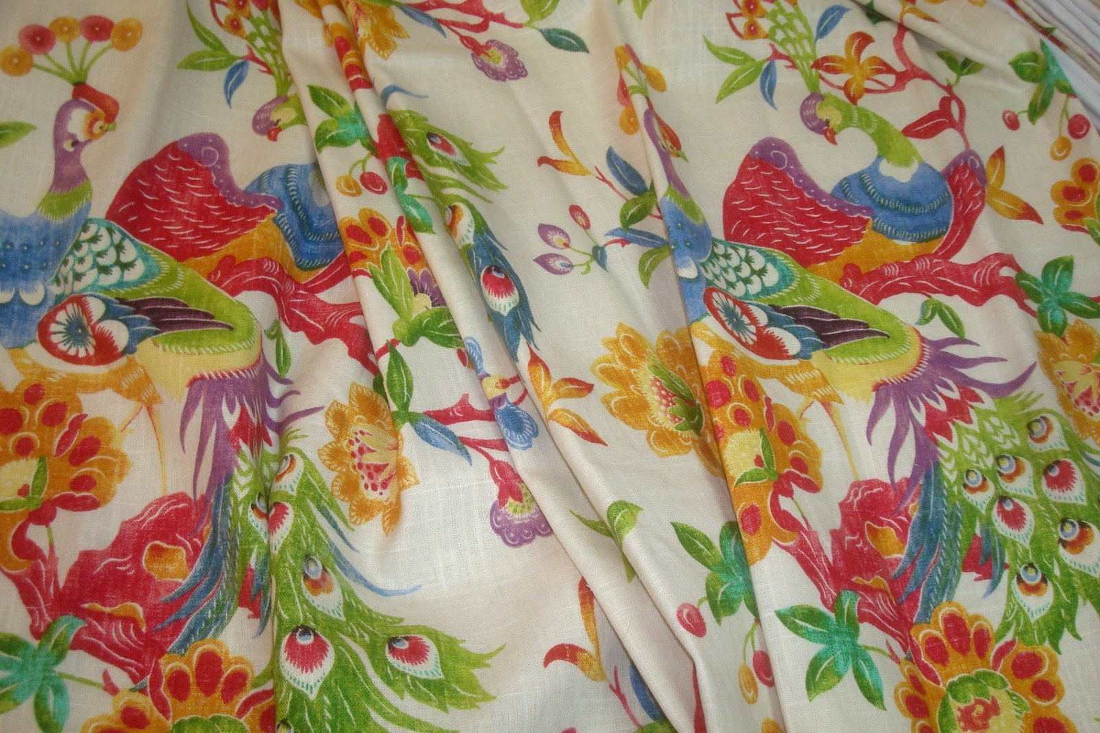 New Custom DRAPES Lined 2 pc LINEN Peacock Floral Fiesta Lark Pleated 96″ lg