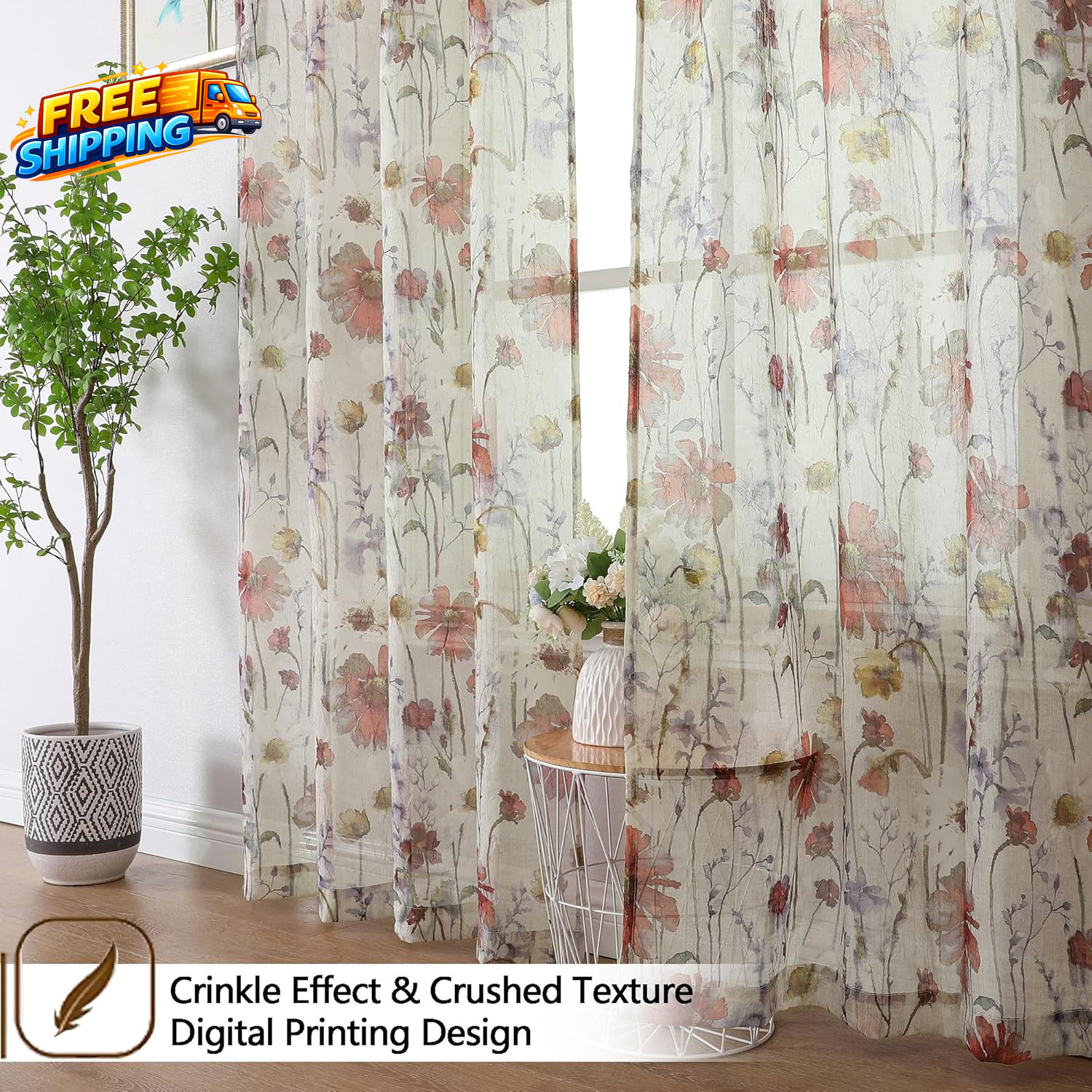 Crushed Kitchen Window Curtains 45 Inches Length 2 Panels Elegant Farmhouse