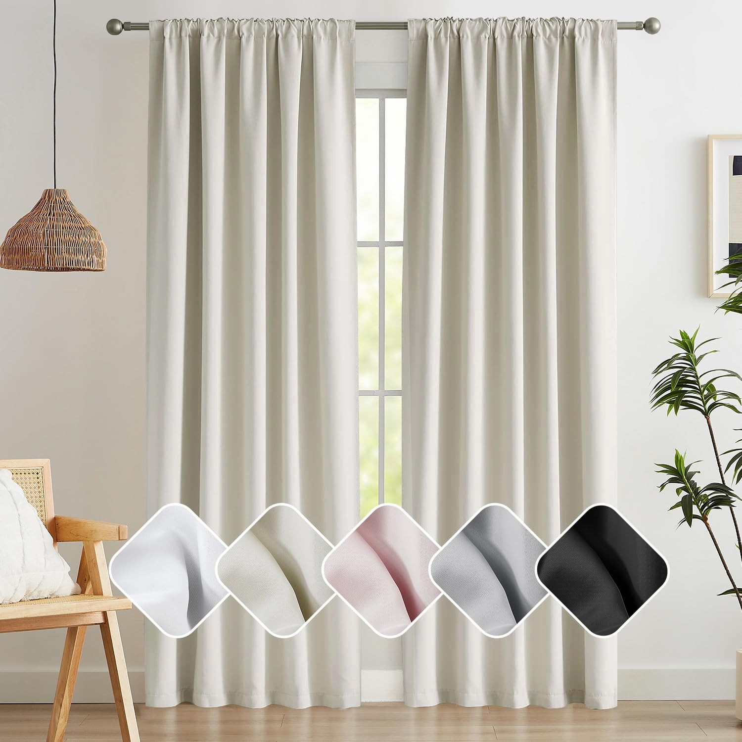Back Tab and Rod Pocket Natural Blackout Curtains – (40W x 63L Inch, Set of 2 Pa
