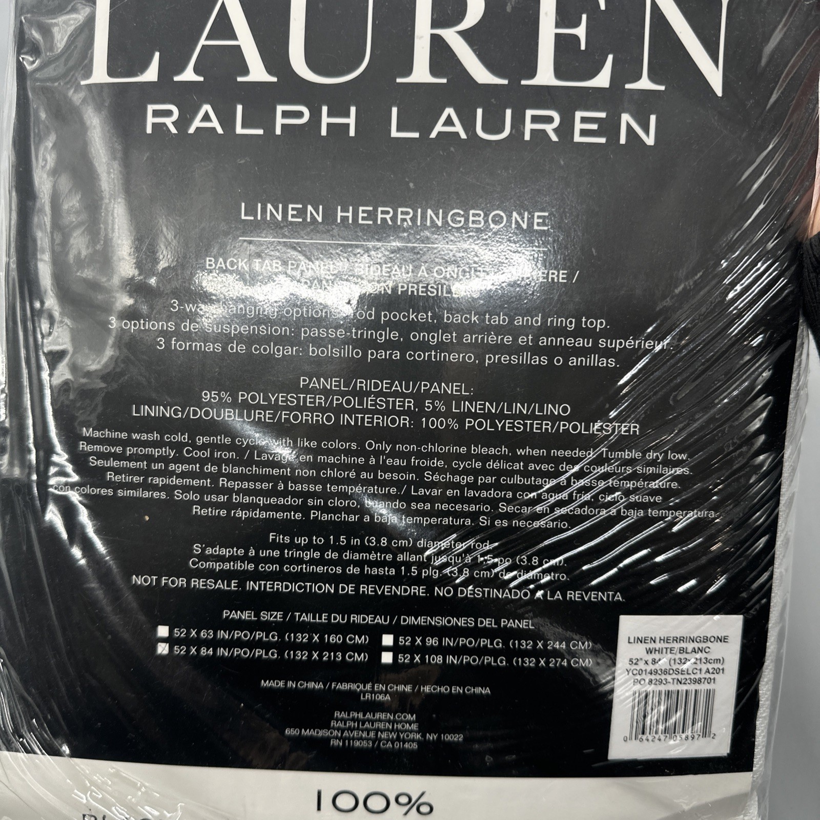 Ralph Lauren Back Tab Panel Curtain Blackout Herringbone- WHITE 52x 84” – New