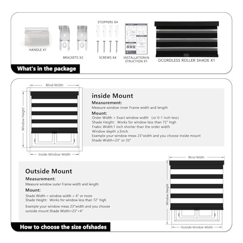 Cordless Zebra Blinds for Windows Pull Down Roller Window 20″W x 72″H Black