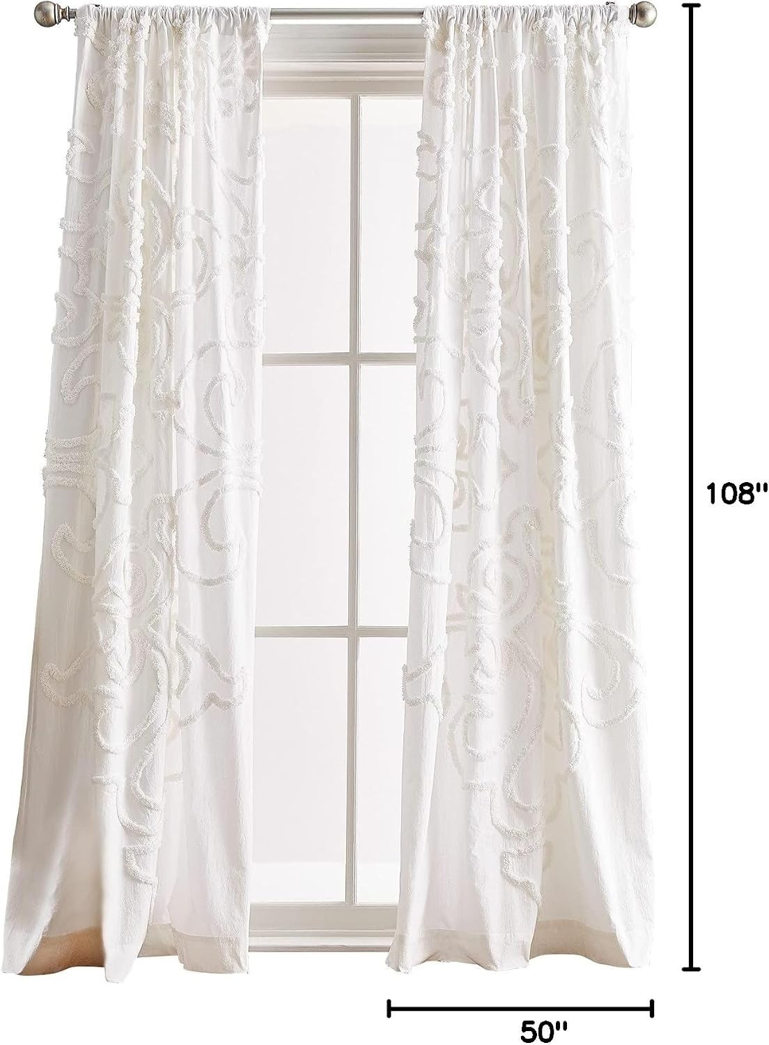 Boho Chic Winter White Curtain Panels, 108″, Chenille Cotton