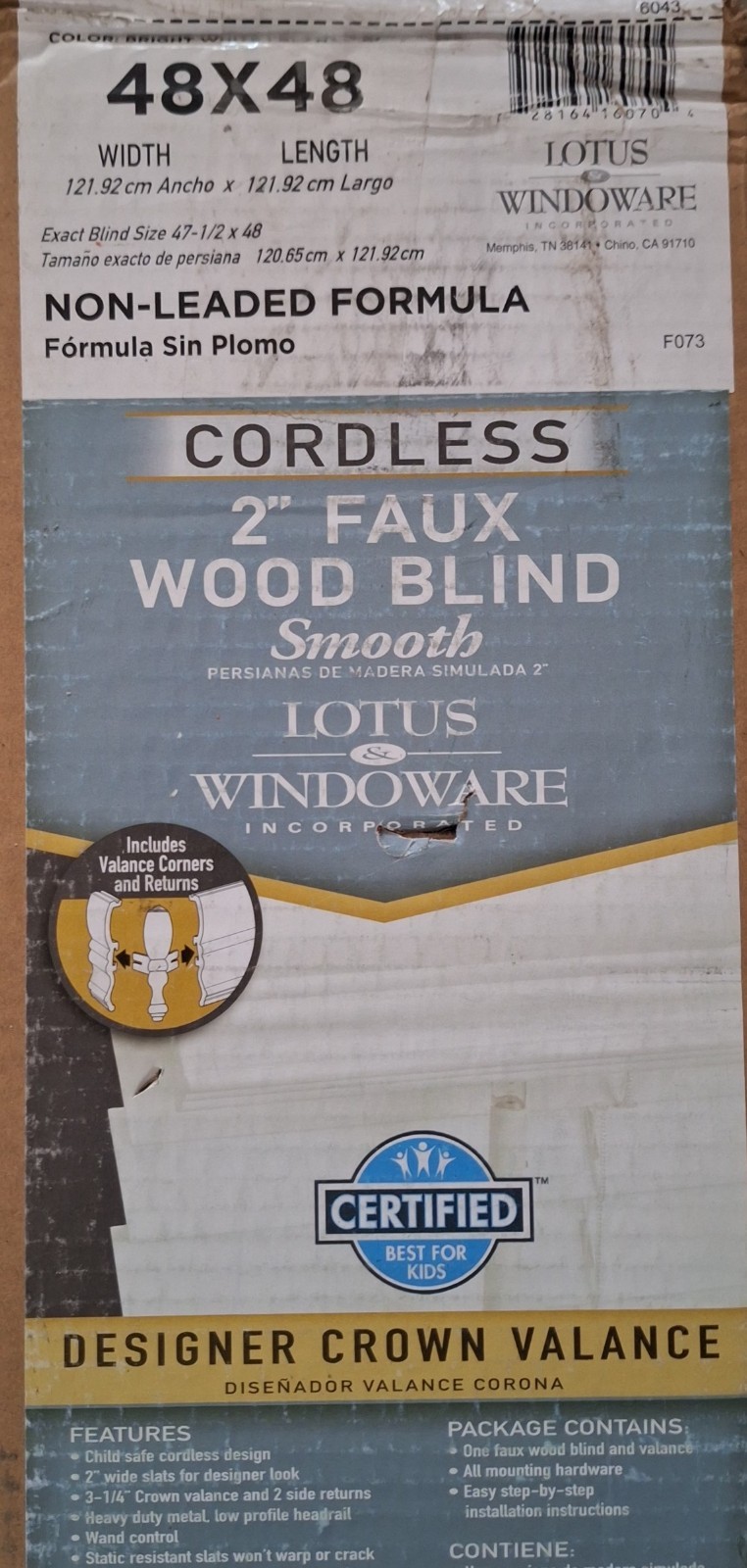 Lotus & Windoware 2-in Cordless Faux Wood Smooth Blind White 48in x 48in