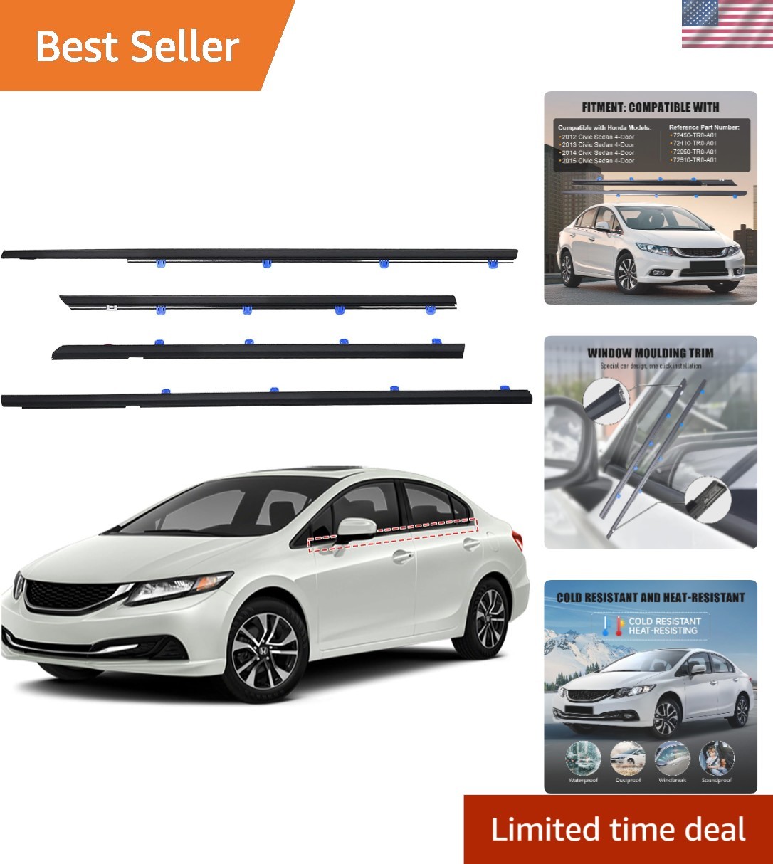 Honda Civic 2012-2015 4-Door Window Weather Stripping Trim – Easy Install, Du…