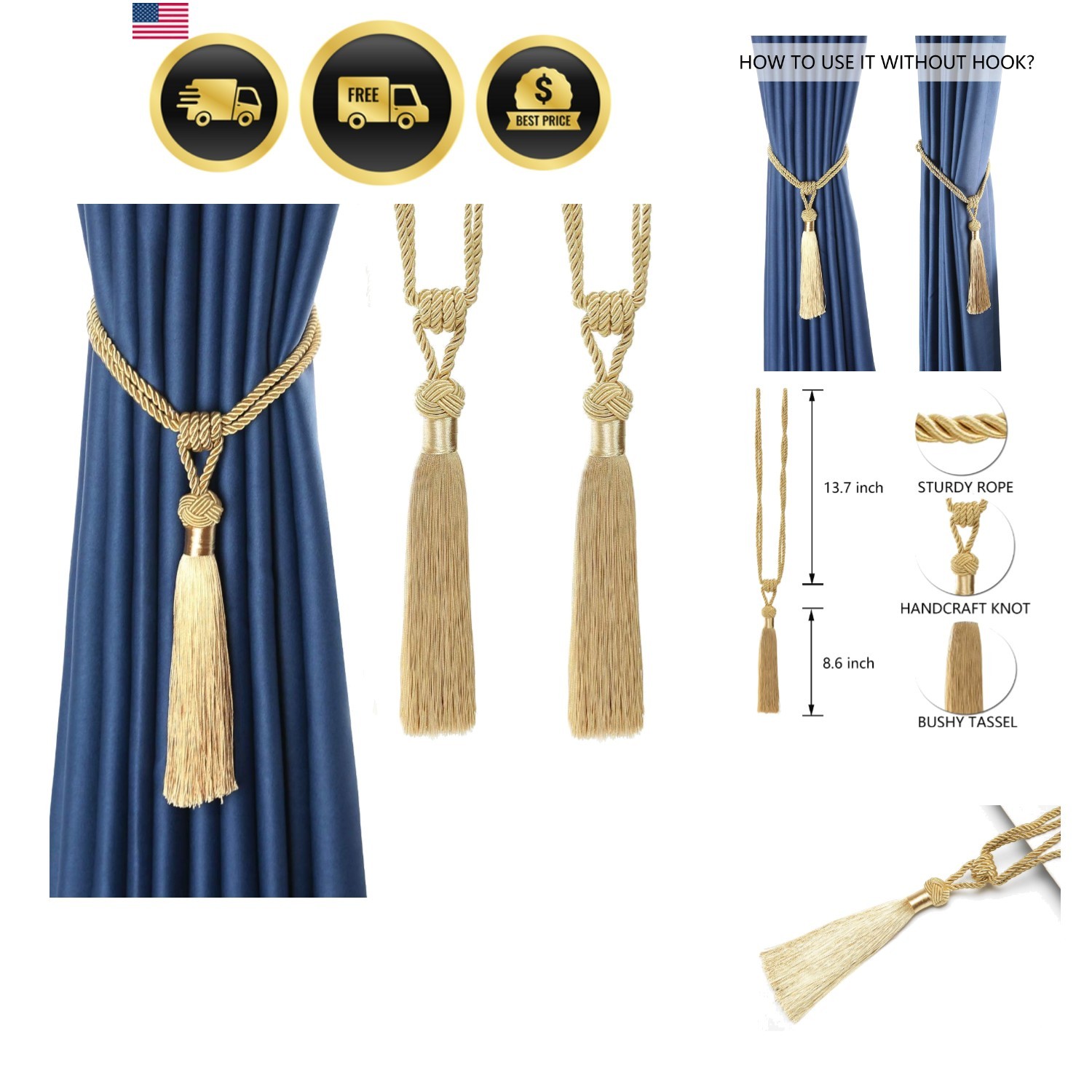 Curtain Tiebacks Hand-Woven Holdbacks Home Decorative Tassels Tiebacks Gold, …