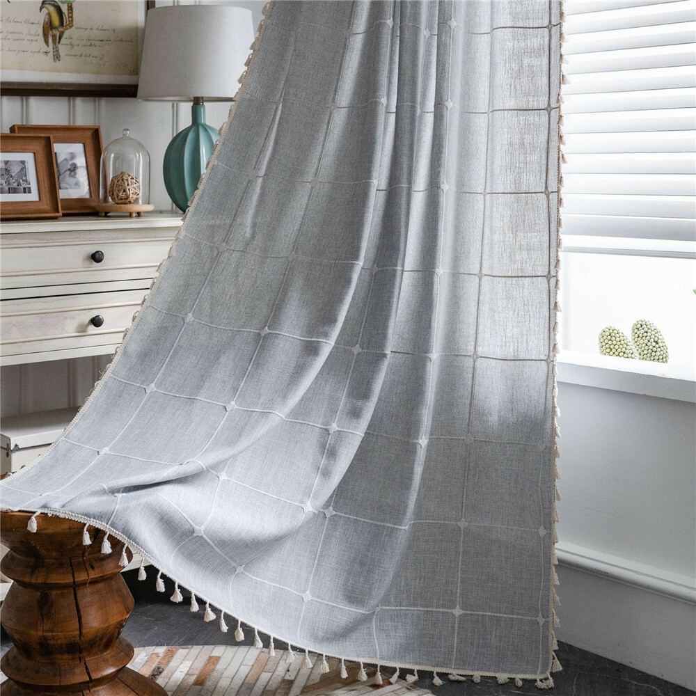 Plain Tassel Curtain Curtain Plaid Embroidery Drape Living Bedroom Decor