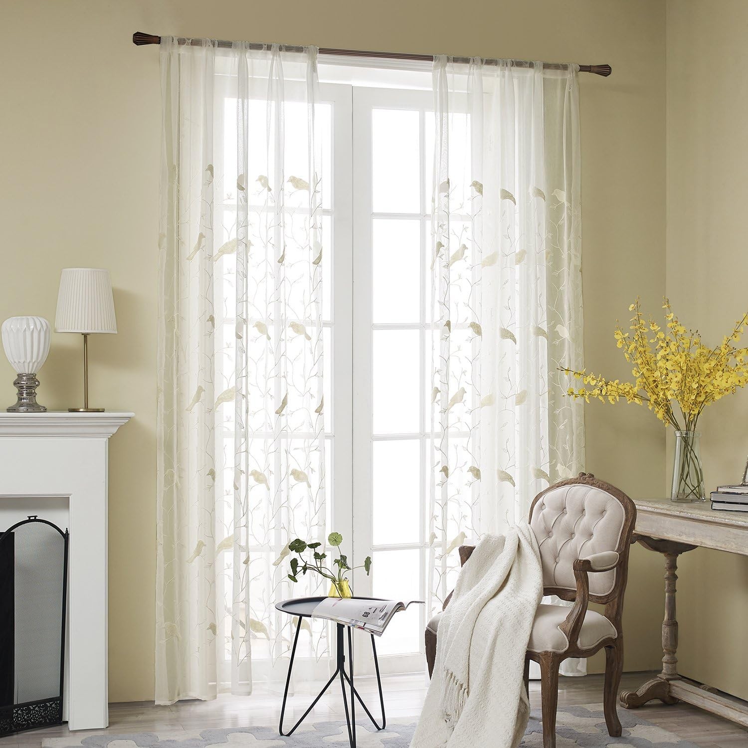 Rod Pocket Sheer Curtains Elegant Embroidered Bird Design White Window Drapes…