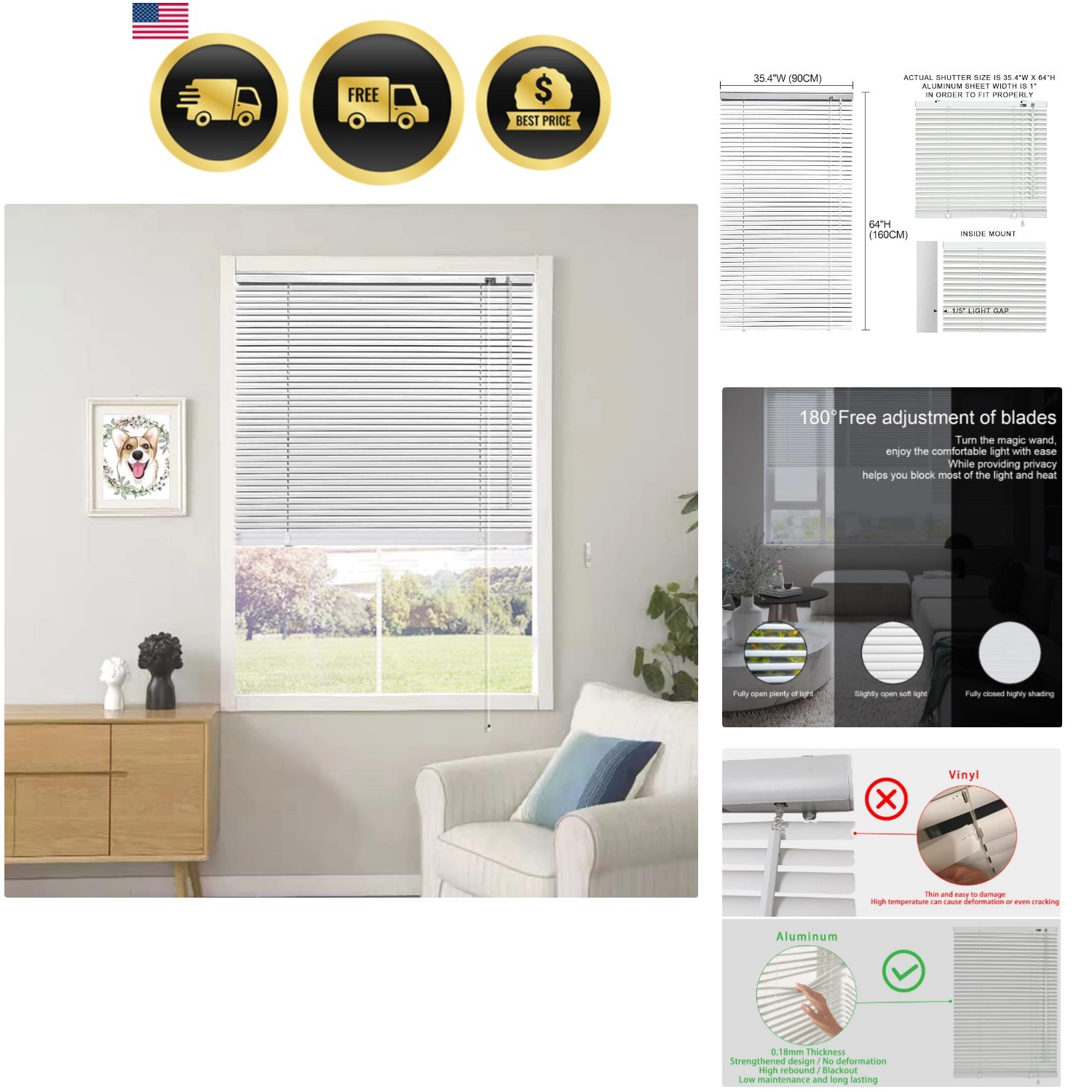 Mini Blinds Suitable for 36″ W x 64″ H Windows 1″ Aluminum Horizontal Venetia…