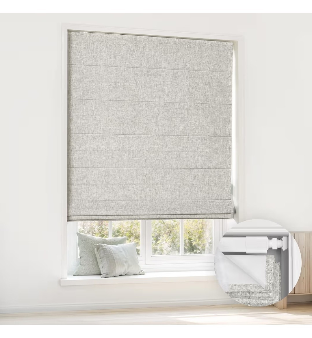 No Drill Cordless Roman Shades 27″W x 64″H Linen Grey Blinds LazBlinds – NEW