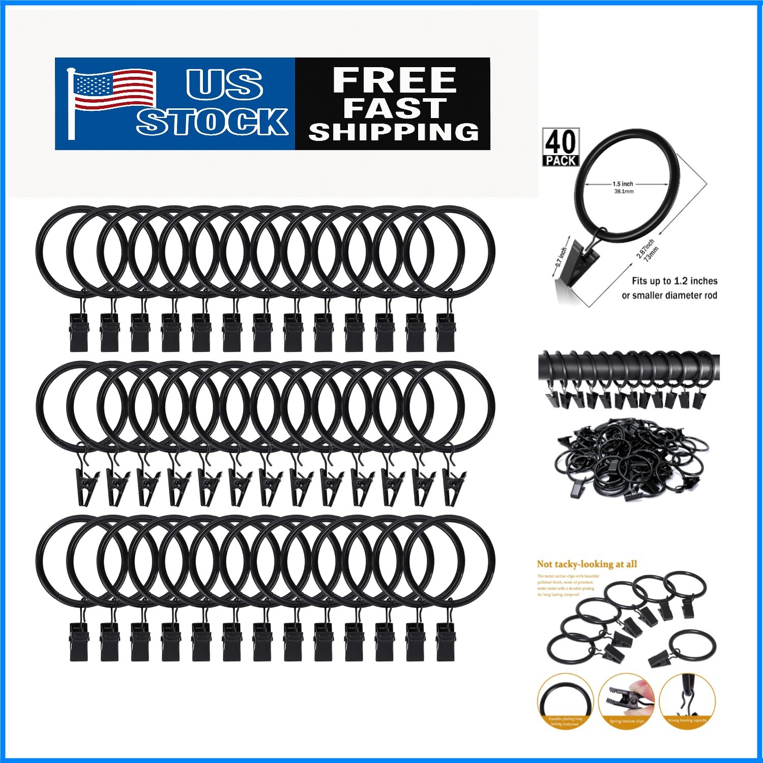 Versatile Rustproof Curtain Rings with Clips – 1.5 Inch Black Drapery Set of 44