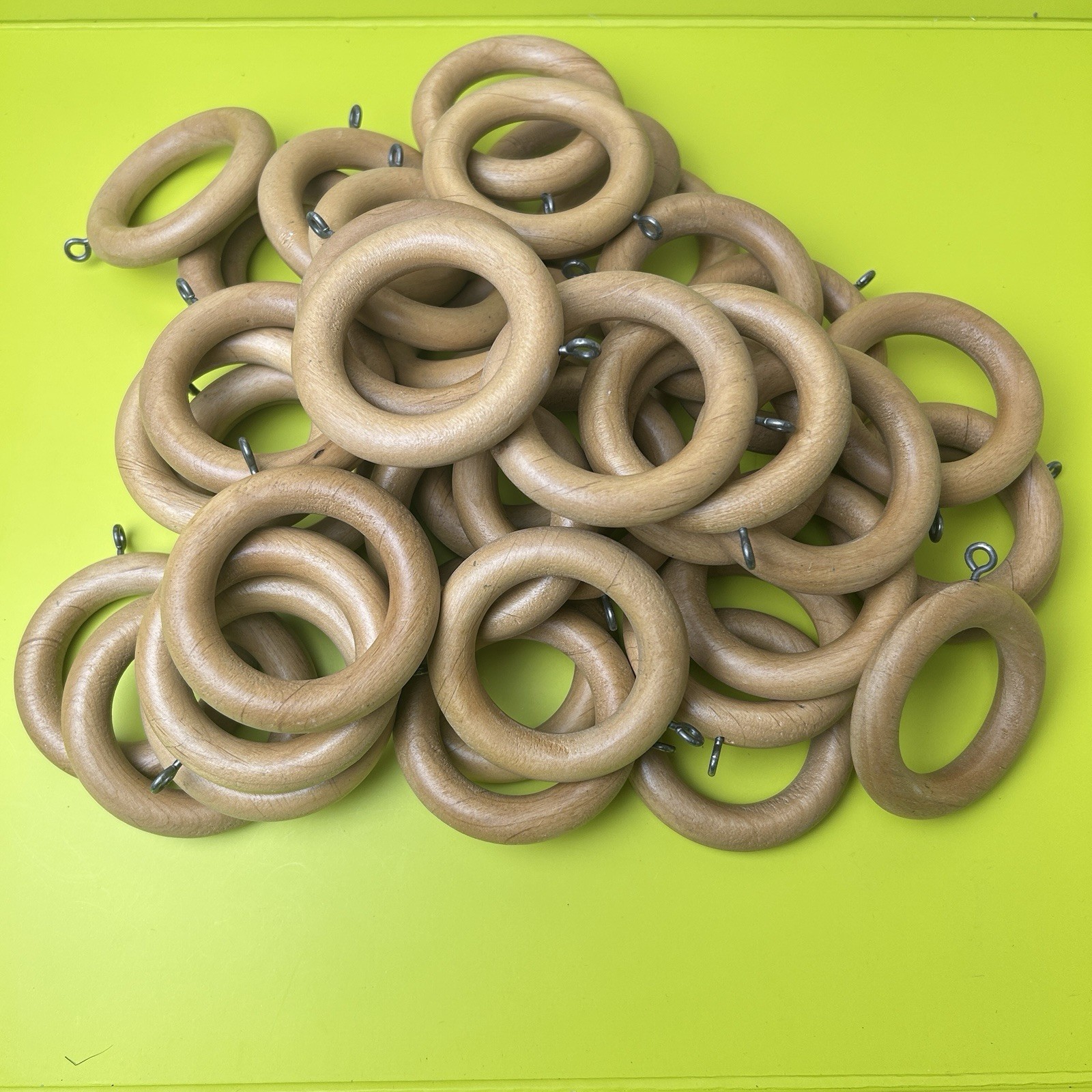 Lot of 42 Tan Vintage Wooden Curtain Rod Drapery Round Rings w/ Eye Hooks