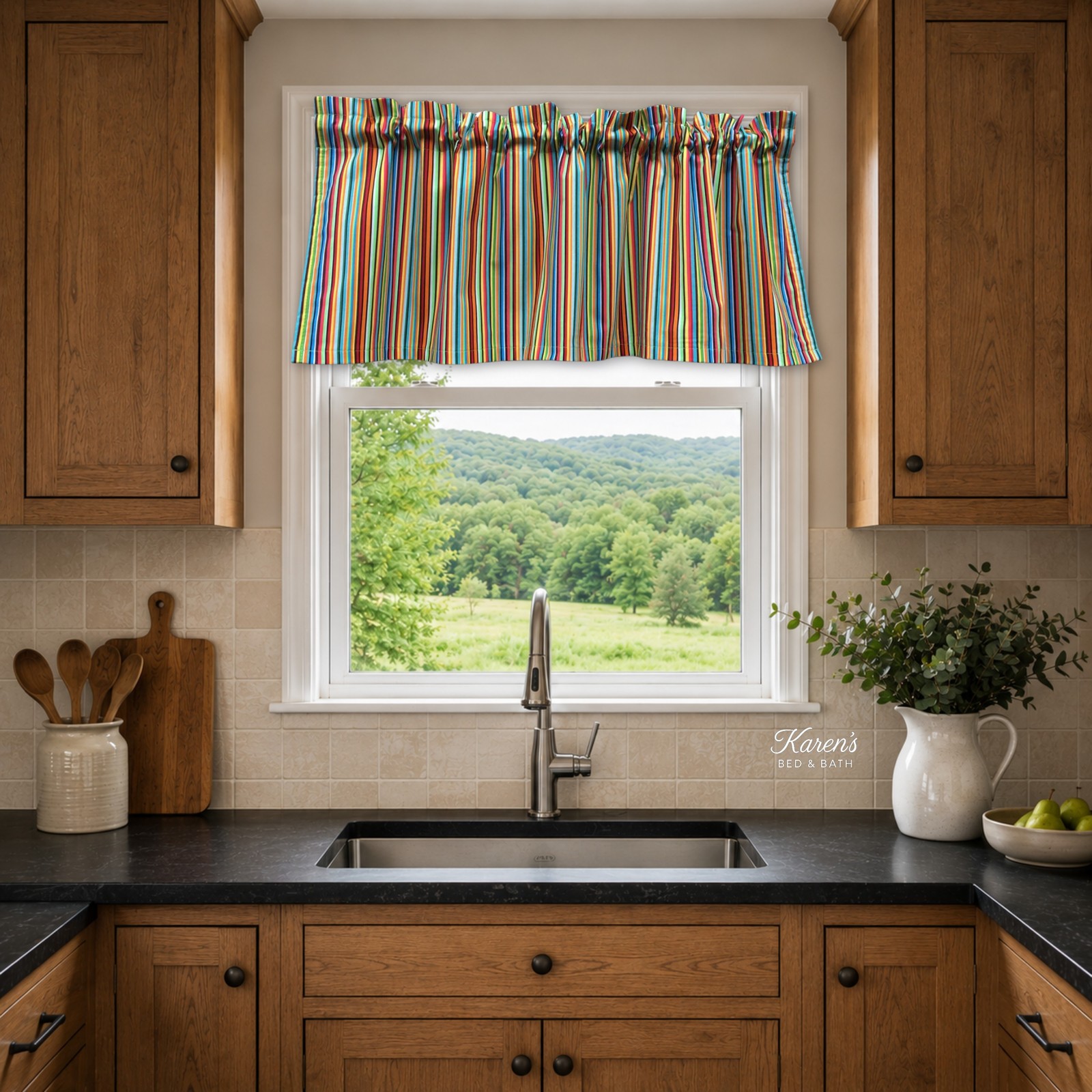 Handmade Multicolor Rainbow Stripe Kitchen Valance Rod Pocket Header Cotton USA
